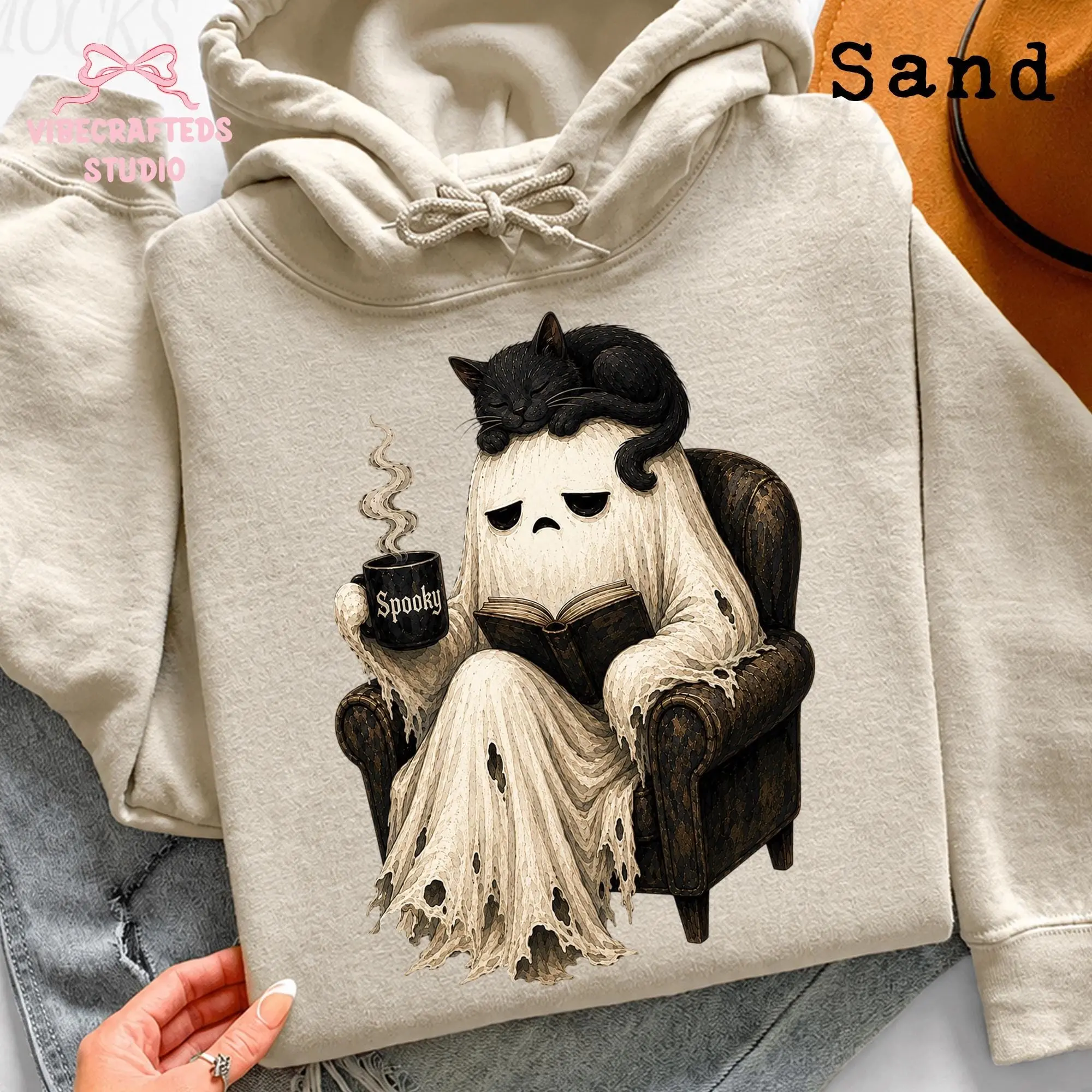 Cute Ghost Reading Book Sweatshirt, Black Cat Spooky Coffee Halloween Cozy Graphic Crewneck, Lover Gift - photo 5