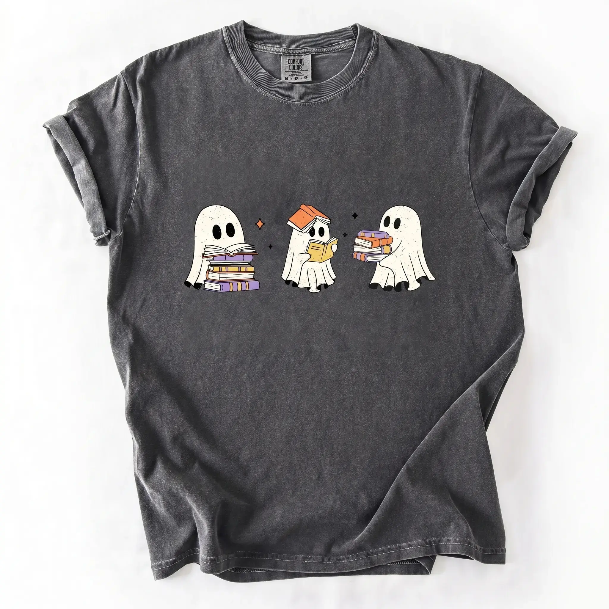 Cute Ghost Reading Books Shirt, Womens Halloween Book Lover Gift, Spooky Fall Graphic Tee, Casual Short Sleeve Top