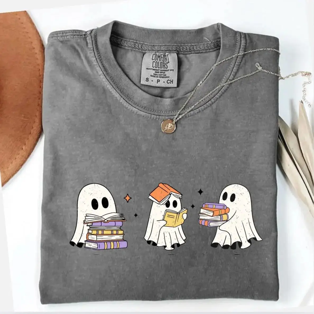 Cute Ghost Reading Books Shirt, Womens Halloween Book Lover Gift, Spooky Fall Graphic Tee, Casual Short Sleeve Top - photo 2