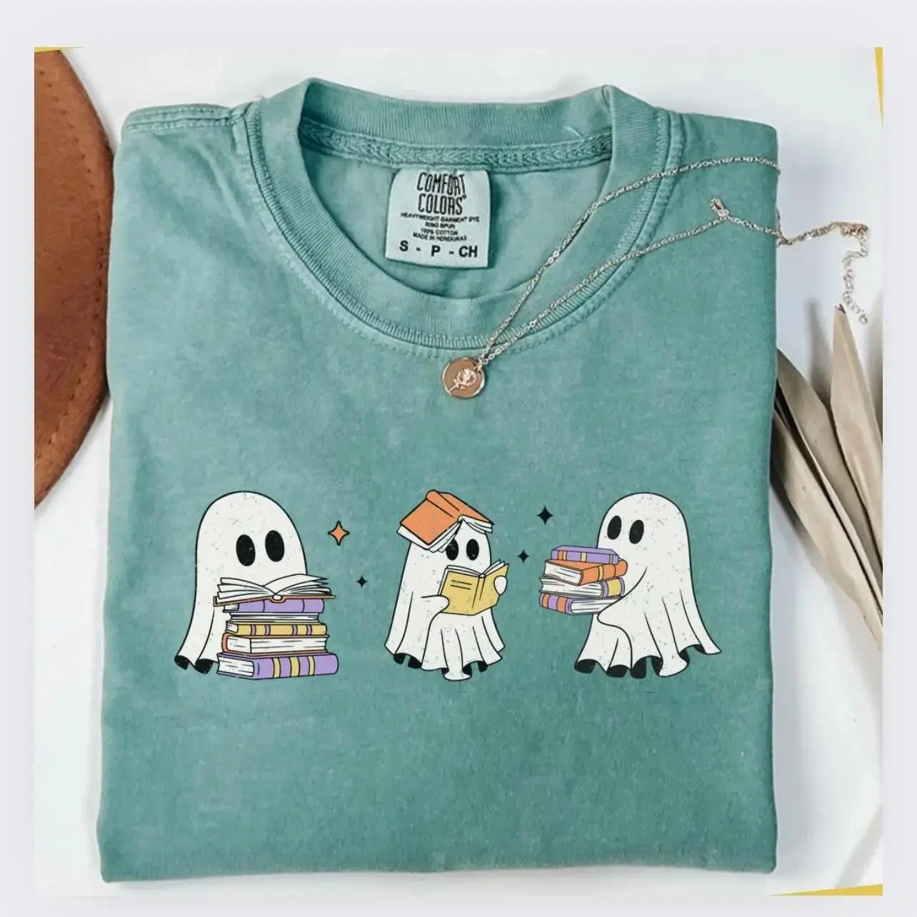 Cute Ghost Reading Books Shirt, Womens Halloween Book Lover Gift, Spooky Fall Graphic Tee, Casual Short Sleeve Top - photo 3