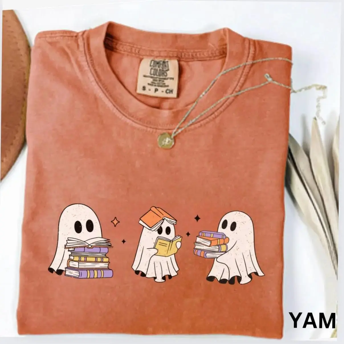 Cute Ghost Reading Books Shirt, Womens Halloween Book Lover Gift, Spooky Fall Graphic Tee, Casual Short Sleeve Top - photo 4