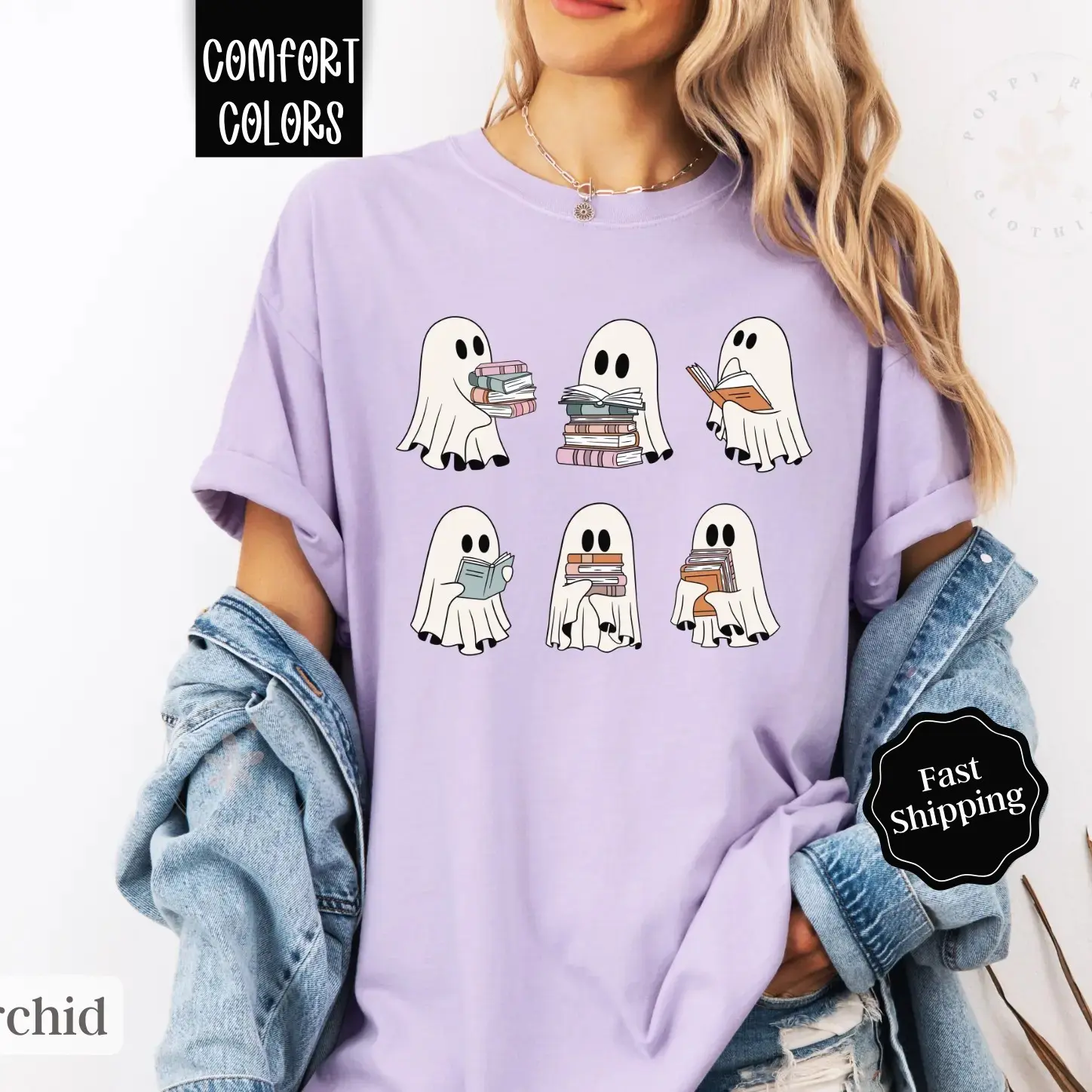 Cute Ghost Reading Shirt, Spooky Book Lover Tee, Comfort Colors Halloween Teacher Apparel - photo 2