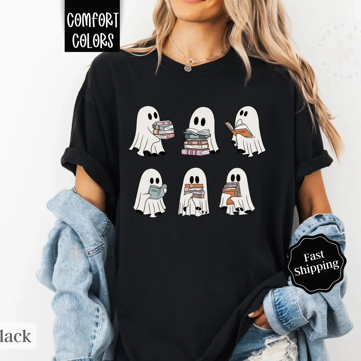 Cute Ghost Reading Shirt, Spooky Book Lover Tee, Comfort Colors Halloween Teacher Apparel - photo 3