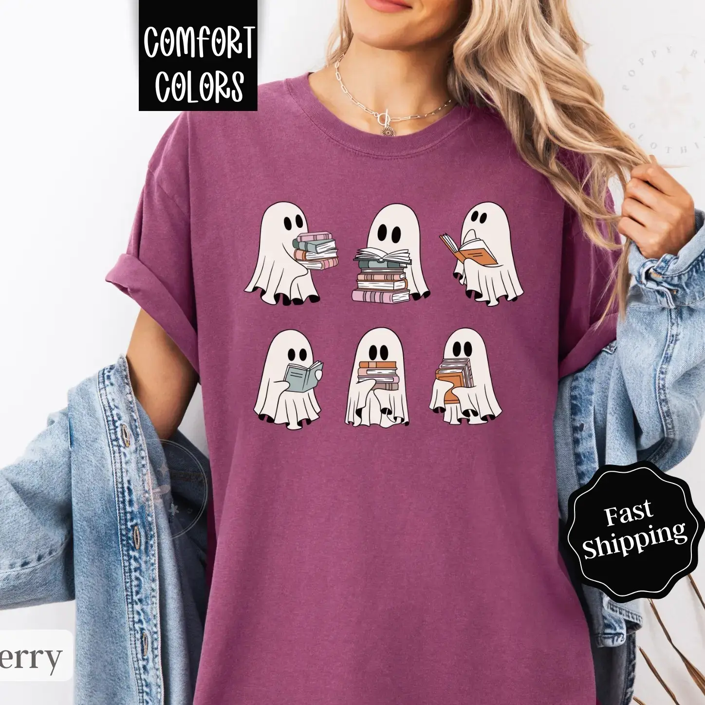 Cute Ghost Reading Shirt, Spooky Book Lover Tee, Comfort Colors Halloween Teacher Apparel - photo 4