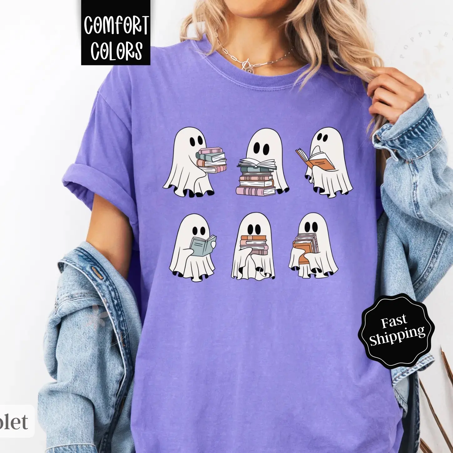 Cute Ghost Reading Shirt, Spooky Book Lover Tee, Comfort Colors Halloween Teacher Apparel - photo 5
