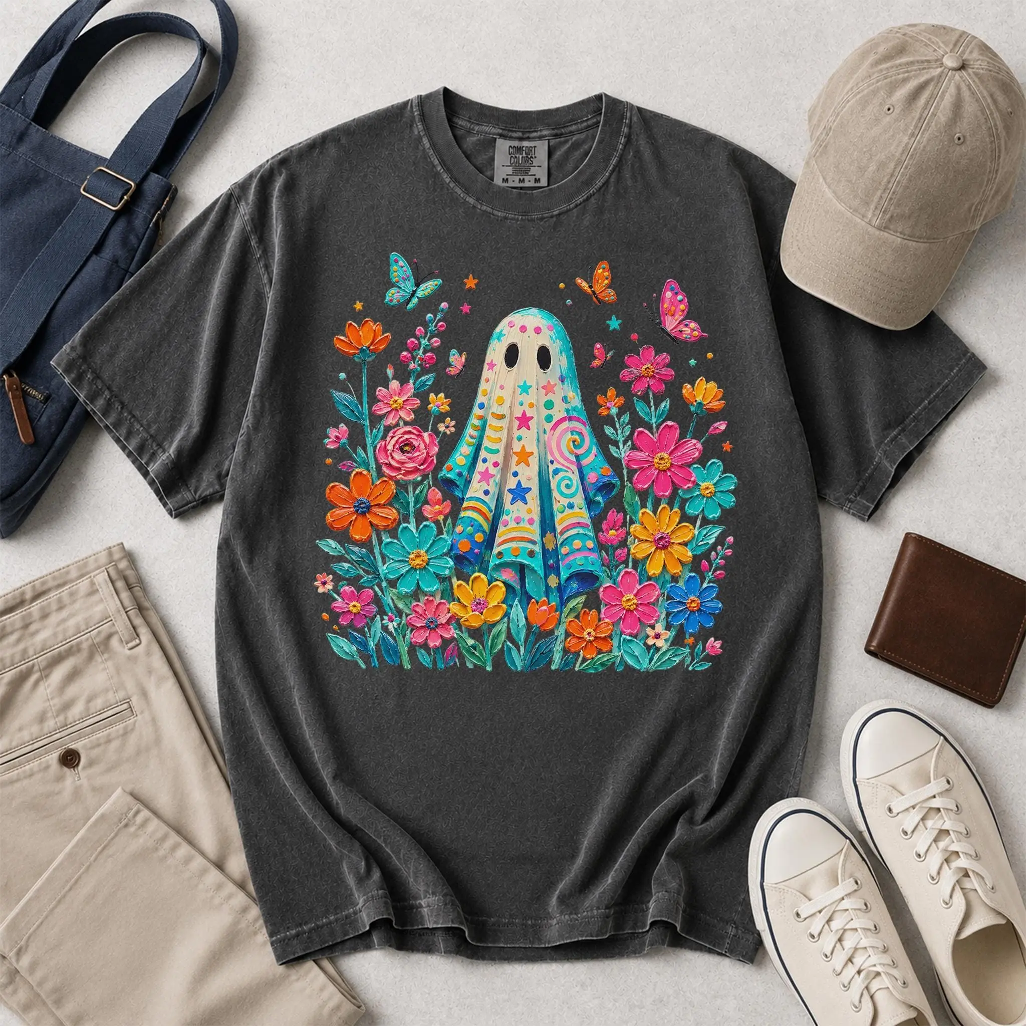 Cute Ghost With Flowers Shirt, Vibrant Boho Floral Tee, Halloween Butterfly Garden Graphic Comfort Colors Gift