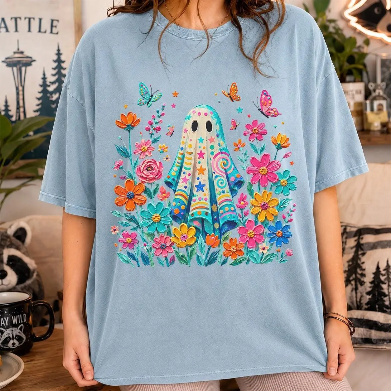 Cute Ghost With Flowers Shirt, Vibrant Boho Floral Tee, Halloween Butterfly Garden Graphic Comfort Colors Gift - photo 2