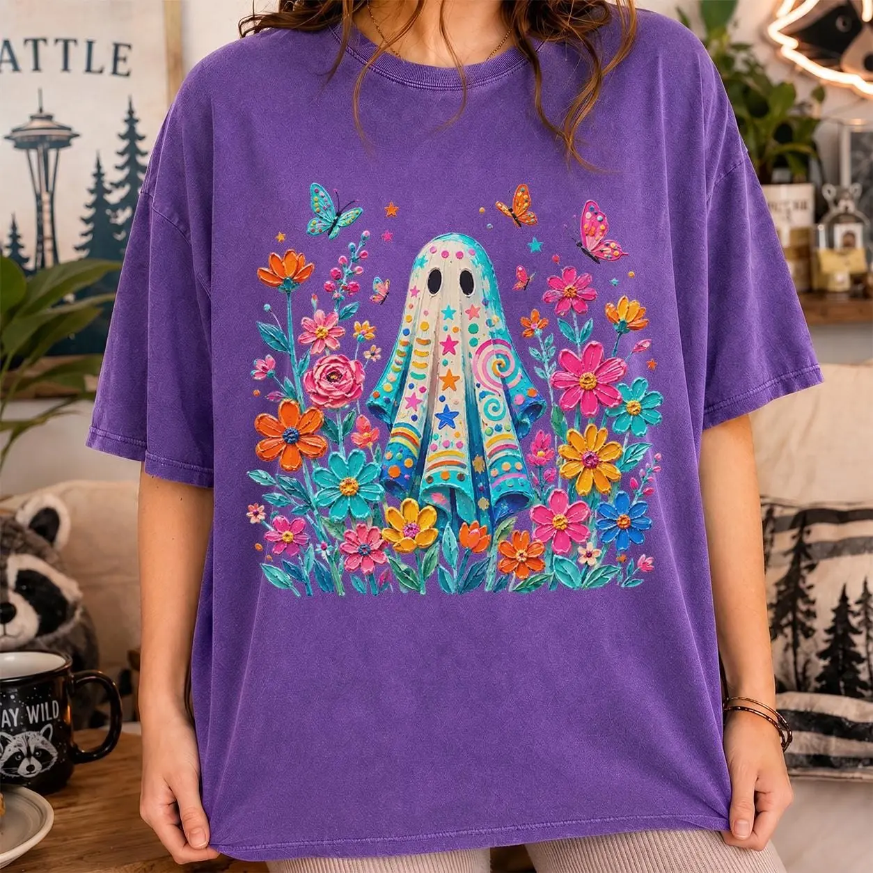 Cute Ghost With Flowers Shirt, Vibrant Boho Floral Tee, Halloween Butterfly Garden Graphic Comfort Colors Gift - photo 3