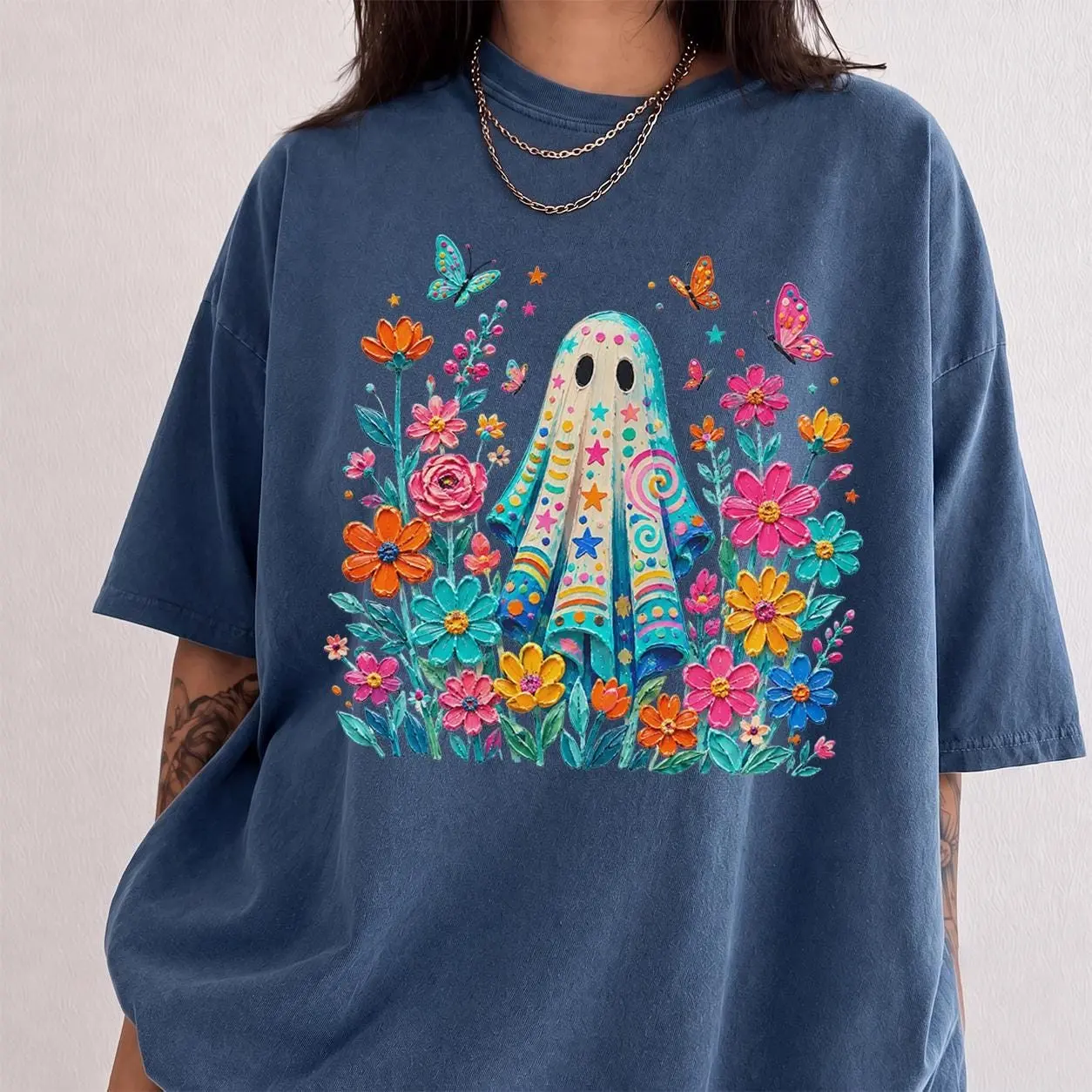 Cute Ghost With Flowers Shirt, Vibrant Boho Floral Tee, Halloween Butterfly Garden Graphic Comfort Colors Gift - photo 4