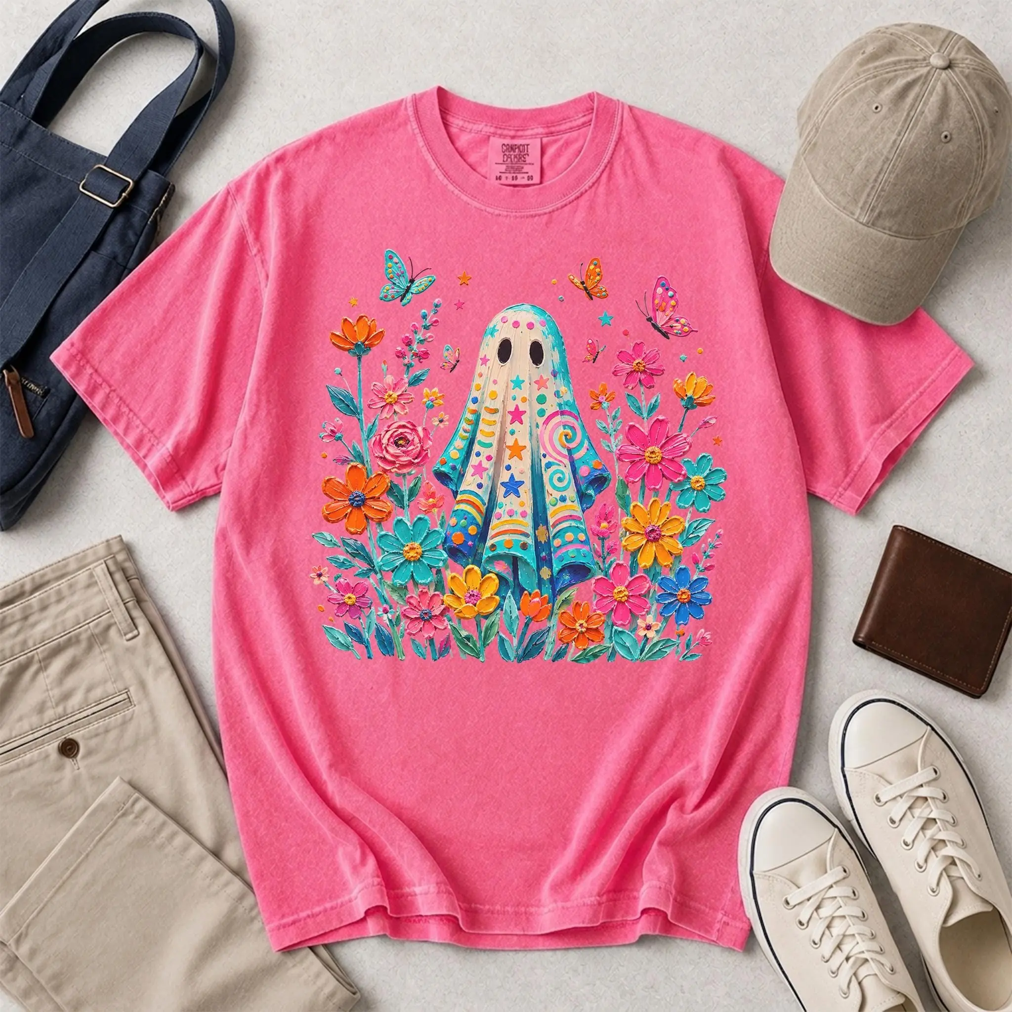 Cute Ghost With Flowers Shirt, Vibrant Boho Floral Tee, Halloween Butterfly Garden Graphic Comfort Colors Gift - photo 5