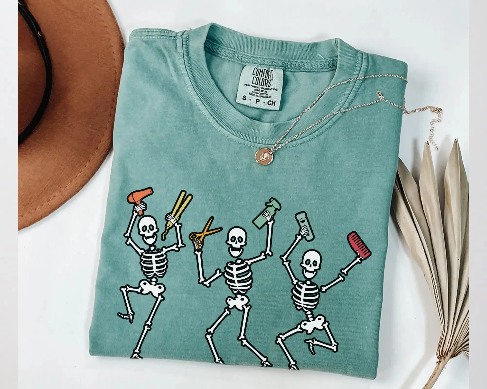 Comfort Colors Cute Hairstylist Skeleton Halloween Shirt, Spooky Hair Salon Tee, Cosmetology Student Top for Women - photo 2