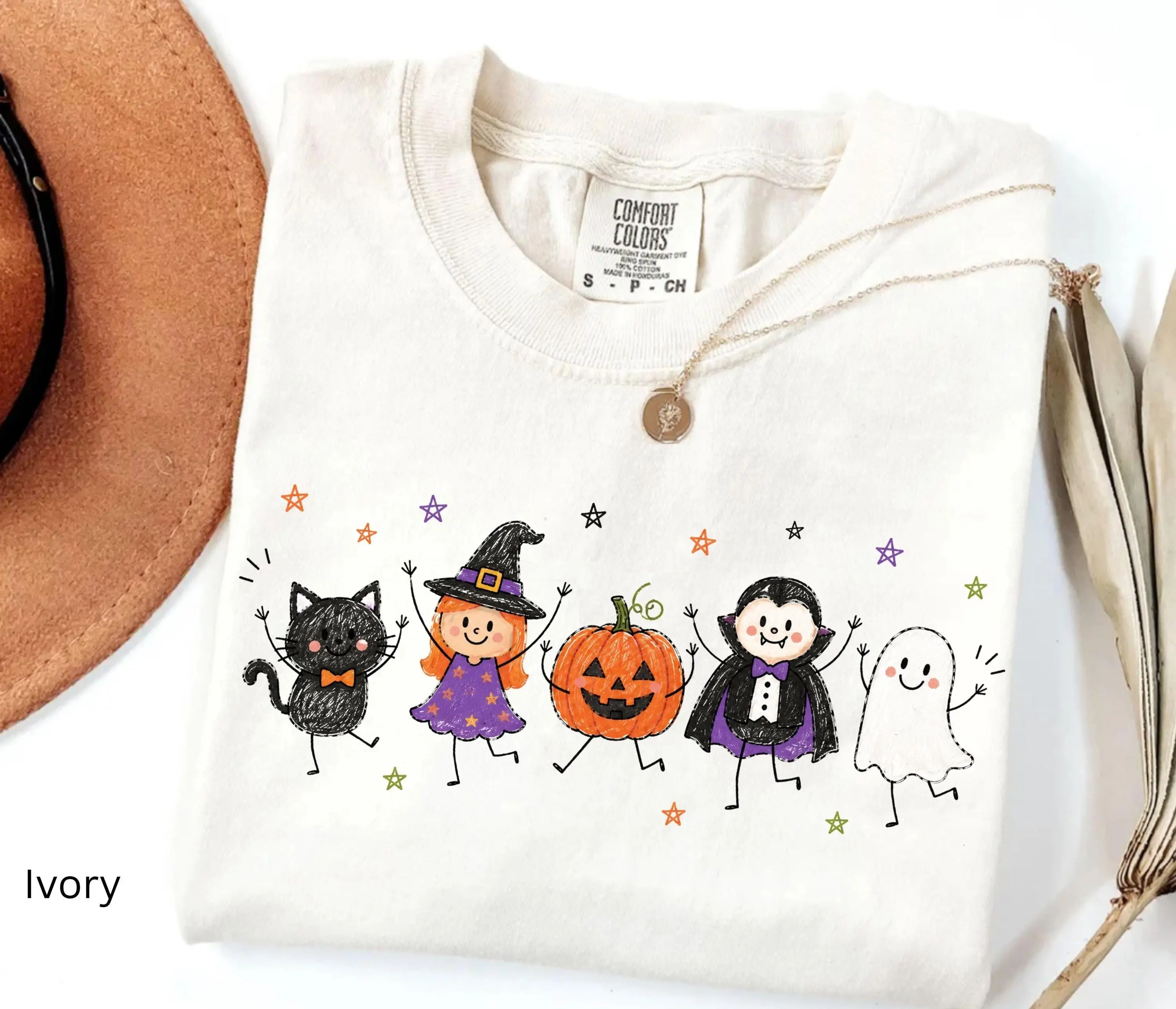 Cute Halloween Comfort Colors Shirt, Ghost Pumpkin Witch Black Cat Tee, Retro Spooky Fall Graphic Top for Women, Trick or Treat - photo 2