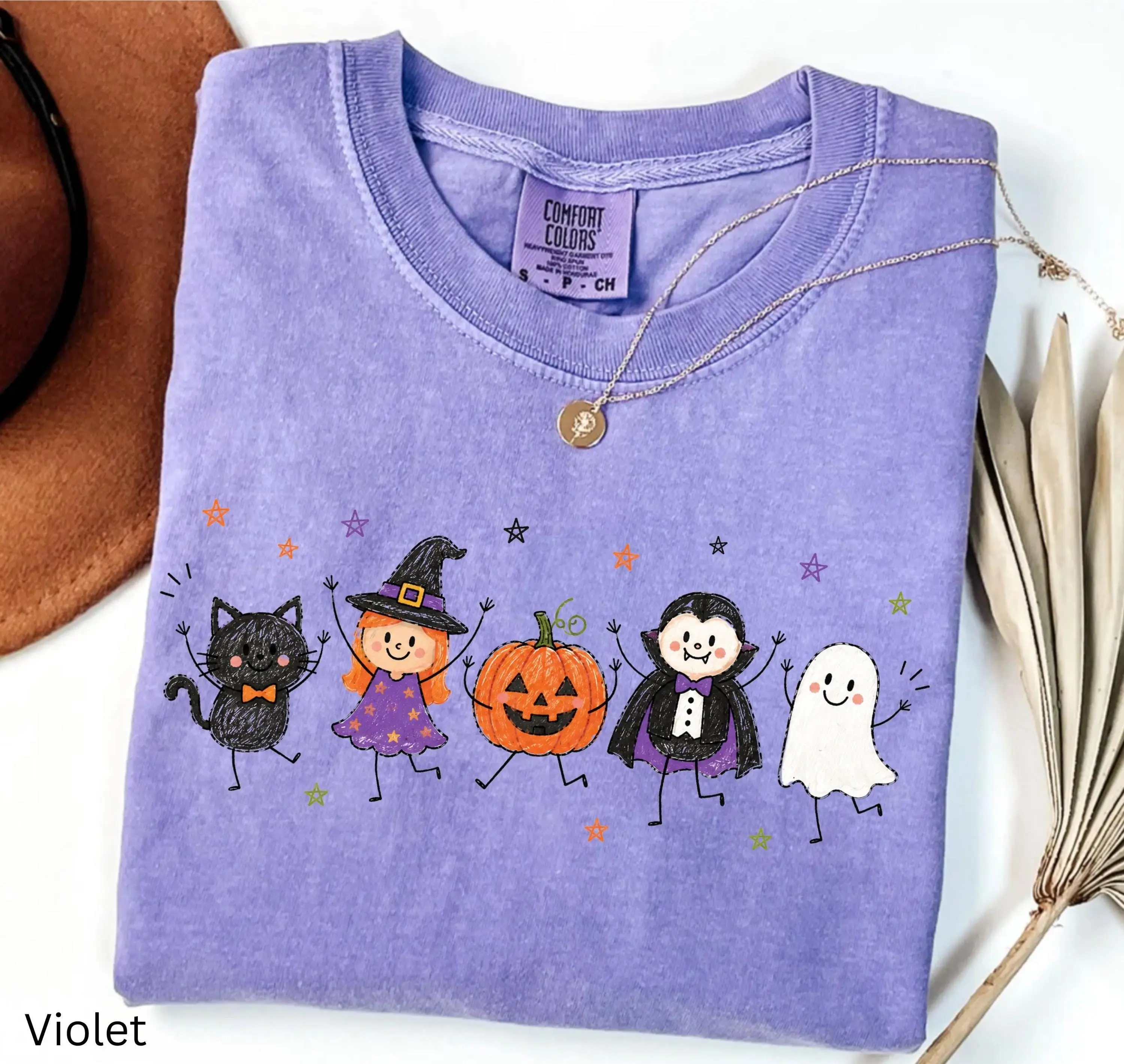 Cute Halloween Comfort Colors Shirt, Ghost Pumpkin Witch Black Cat Tee, Retro Spooky Fall Graphic Top for Women, Trick or Treat - photo 3