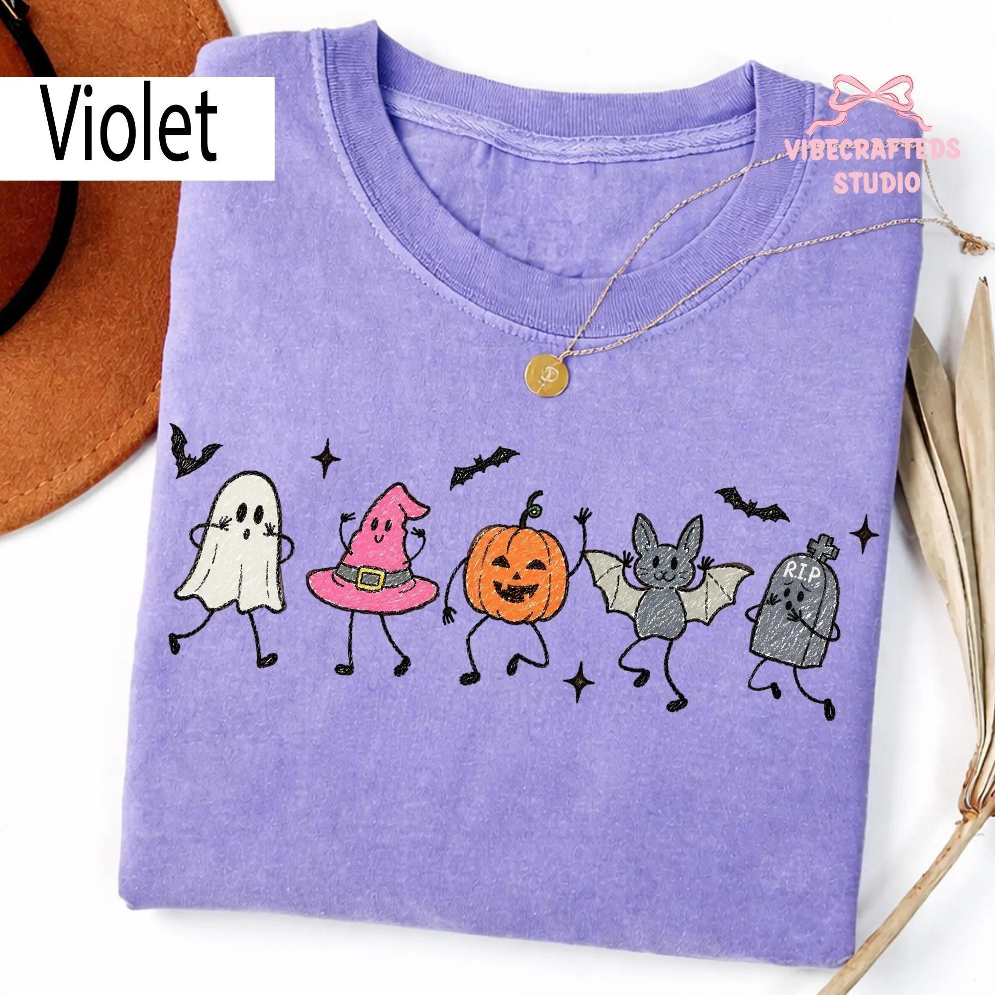 Comfort Colors Cute Halloween Doodles Shirt, Ghost Witch Hat Pumpkin Bat Tombstone Tee, Kawaii Spooky Friends Unisex Top