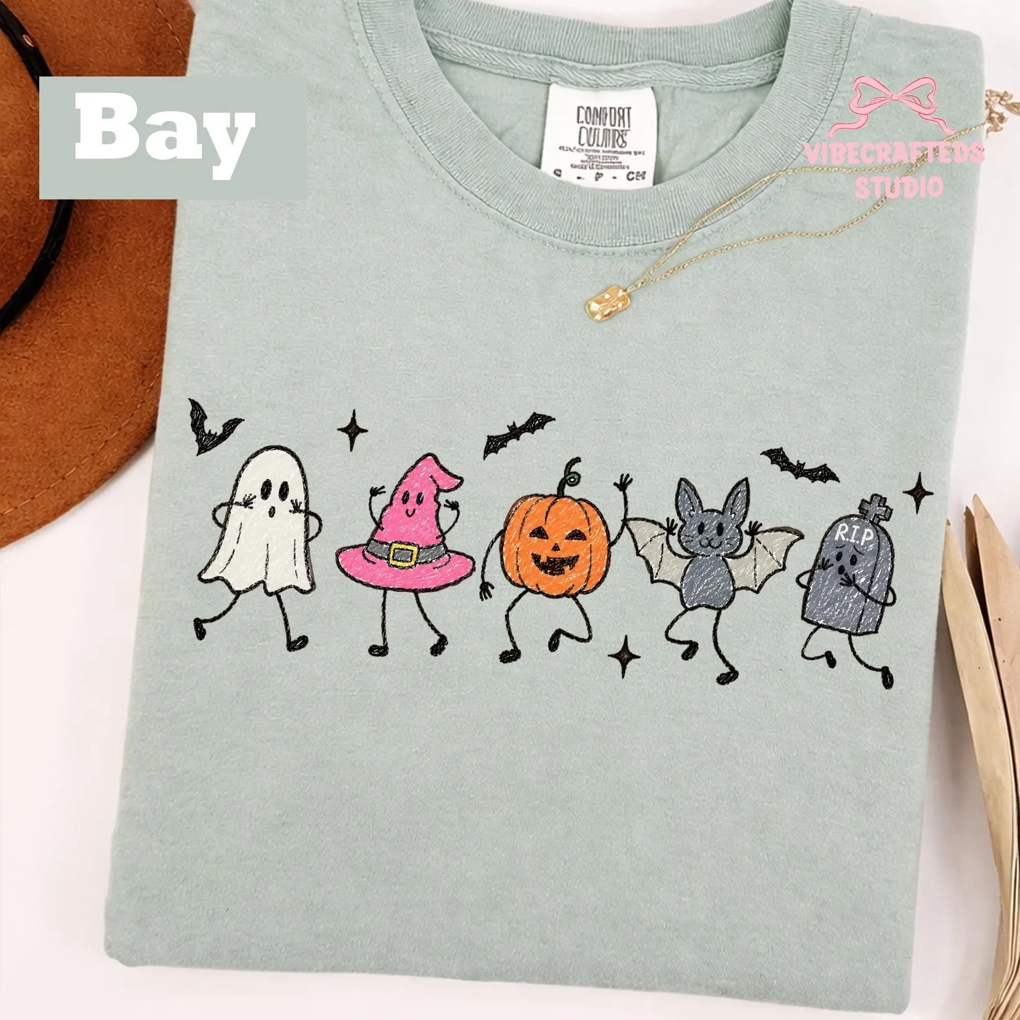 Comfort Colors Cute Halloween Doodles Shirt, Ghost Witch Hat Pumpkin Bat Tombstone Tee, Kawaii Spooky Friends Unisex Top - photo 2