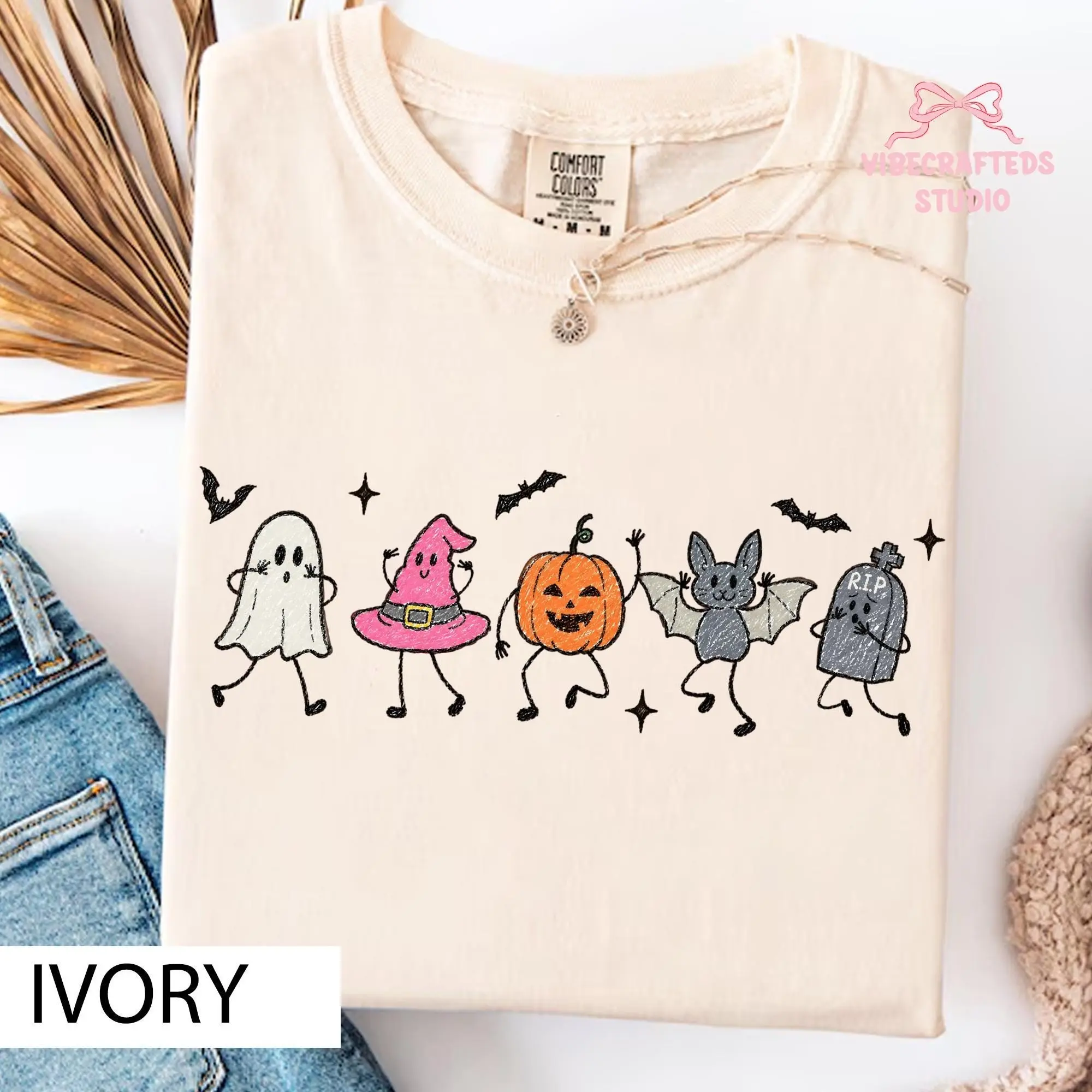 Comfort Colors Cute Halloween Doodles Shirt, Ghost Witch Hat Pumpkin Bat Tombstone Tee, Kawaii Spooky Friends Unisex Top - photo 3