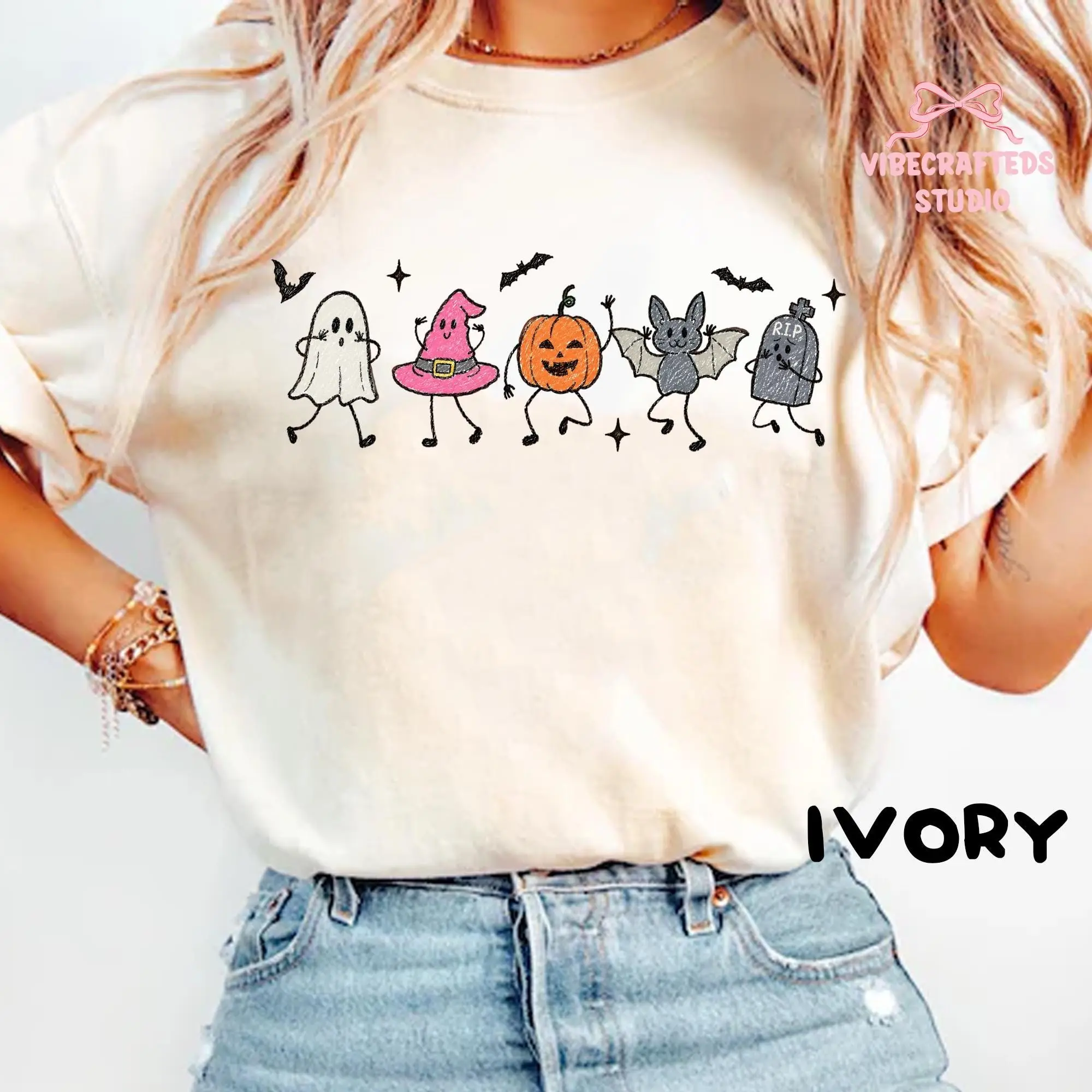Comfort Colors Cute Halloween Doodles Shirt, Ghost Witch Hat Pumpkin Bat Tombstone Tee, Kawaii Spooky Friends Unisex Top - photo 4