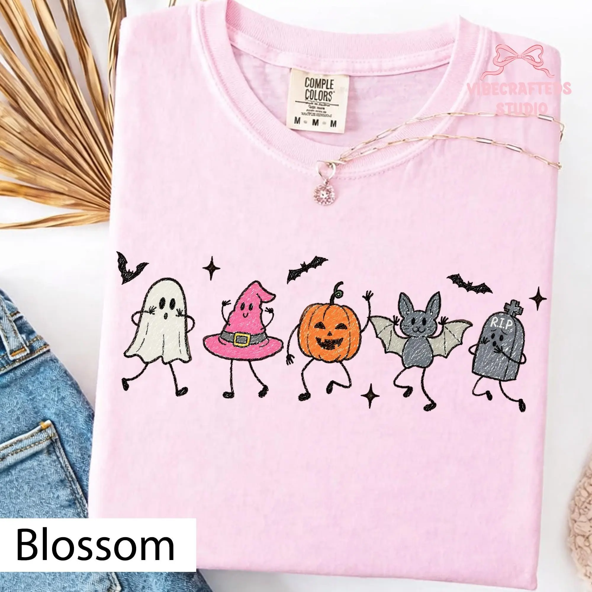 Comfort Colors Cute Halloween Doodles Shirt, Ghost Witch Hat Pumpkin Bat Tombstone Tee, Kawaii Spooky Friends Unisex Top - photo 5