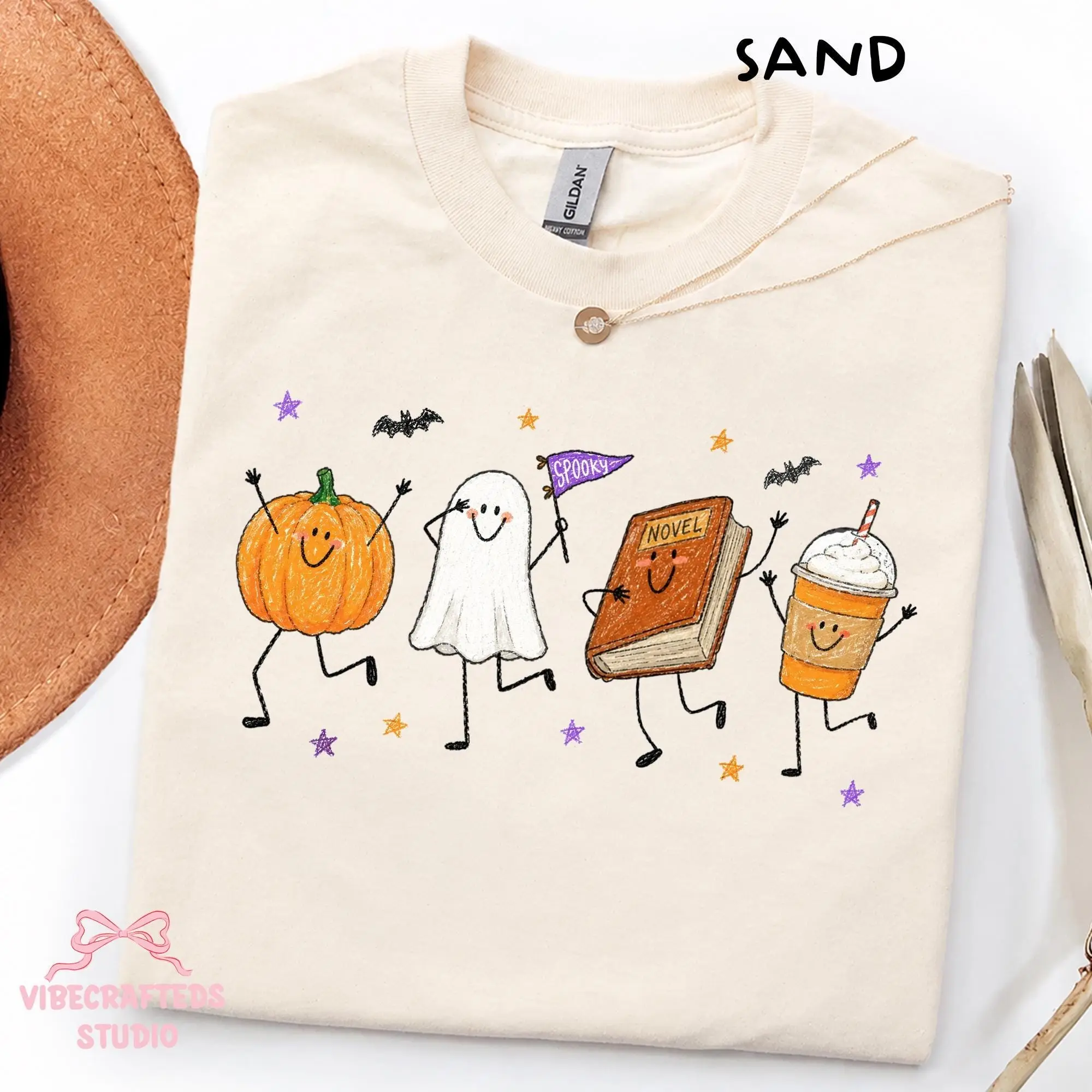 Cute Halloween Doodles Sweatshirt, Smiling Pumpkin Ghost Book Coffee Graphic Top, Cozy Fall Reader Unisex Crewneck - photo 1