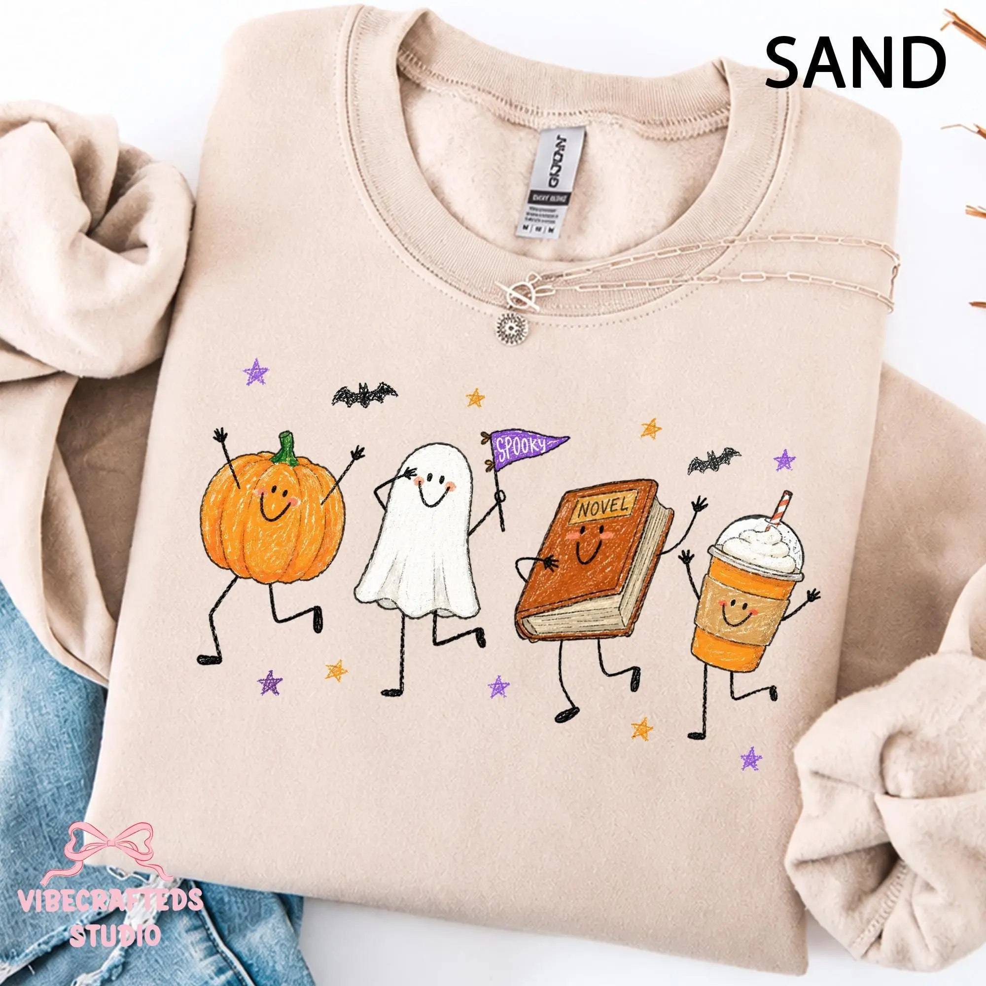 Cute Halloween Doodles Sweatshirt, Smiling Pumpkin Ghost Book Coffee Graphic Top, Cozy Fall Reader Unisex Crewneck - photo 2