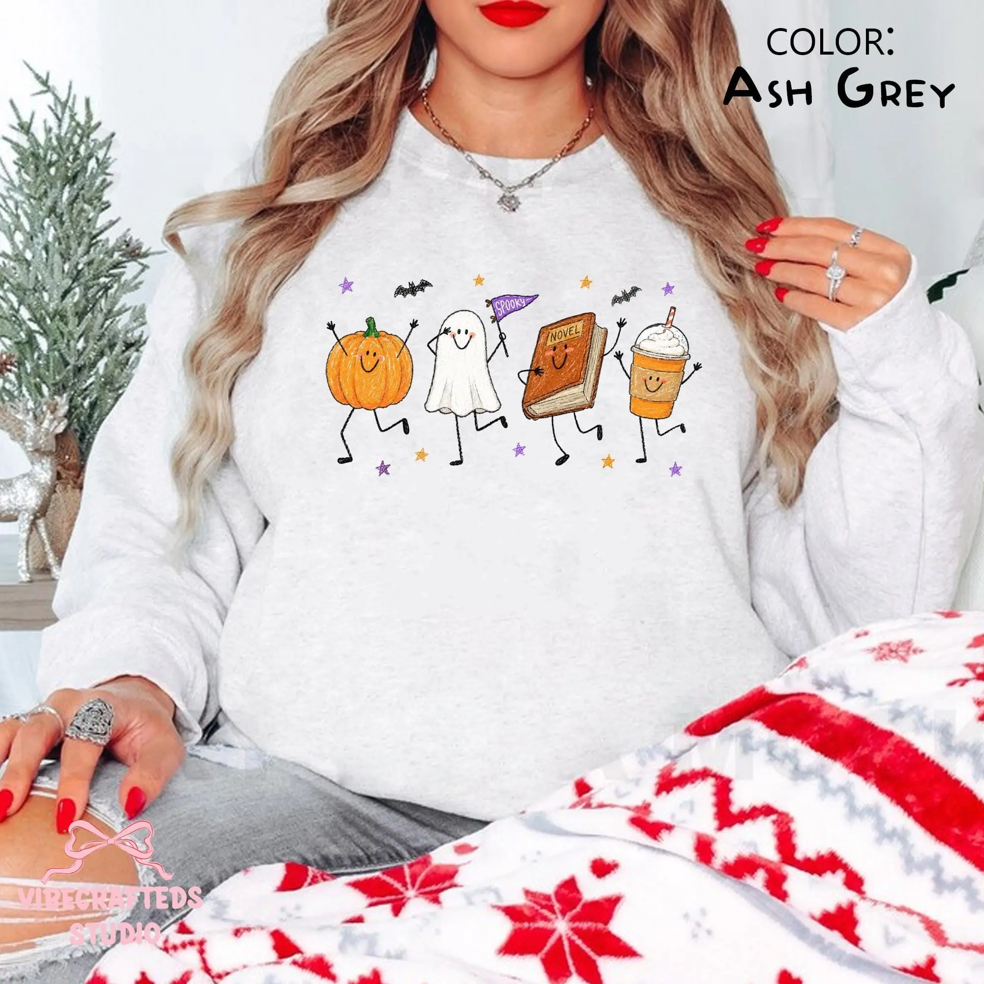 Cute Halloween Doodles Sweatshirt, Smiling Pumpkin Ghost Book Coffee Graphic Top, Cozy Fall Reader Unisex Crewneck - photo 3