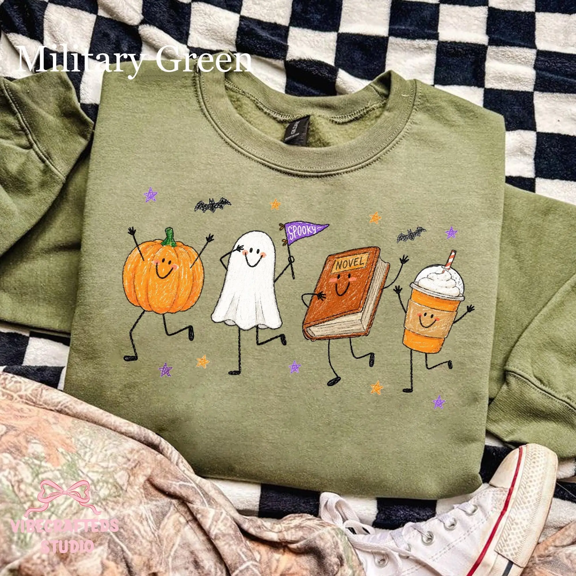 Cute Halloween Doodles Sweatshirt, Smiling Pumpkin Ghost Book Coffee Graphic Top, Cozy Fall Reader Unisex Crewneck - photo 4