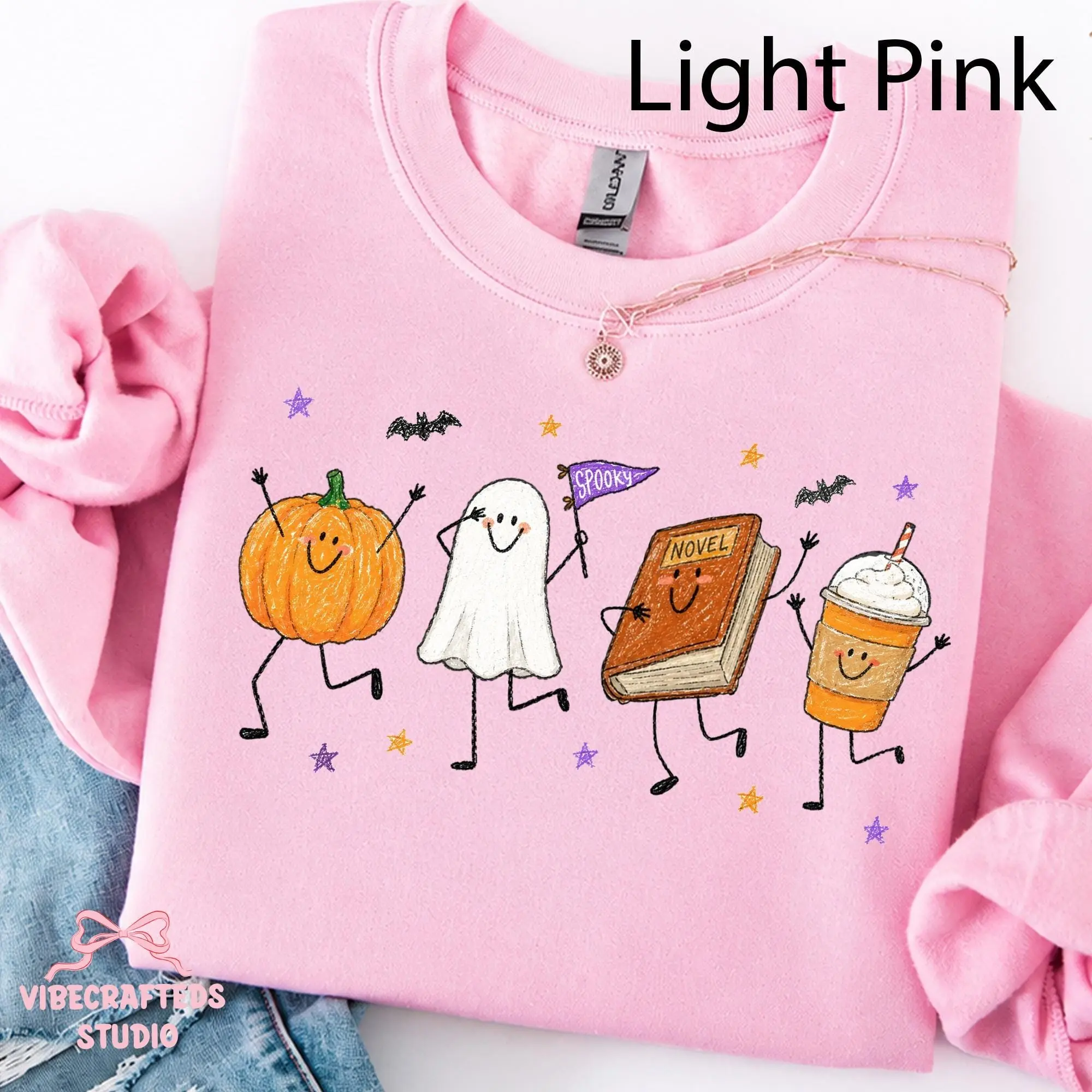 Cute Halloween Doodles Sweatshirt, Smiling Pumpkin Ghost Book Coffee Graphic Top, Cozy Fall Reader Unisex Crewneck - photo 5
