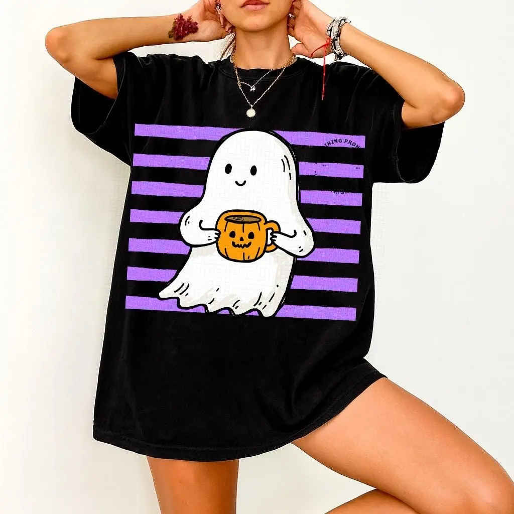Cute Halloween Ghost Coffee Shirt for Women, Striped Latte Lover Tee, Fall Graphic Top