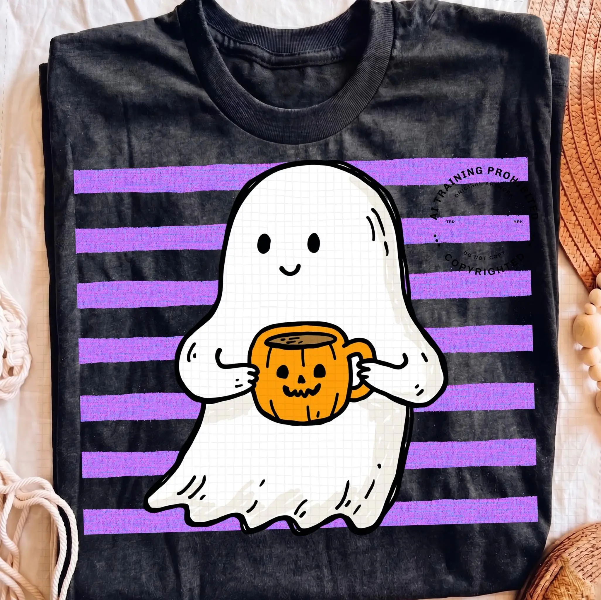 Cute Halloween Ghost Coffee Shirt for Women, Striped Latte Lover Tee, Fall Graphic Top - photo 2