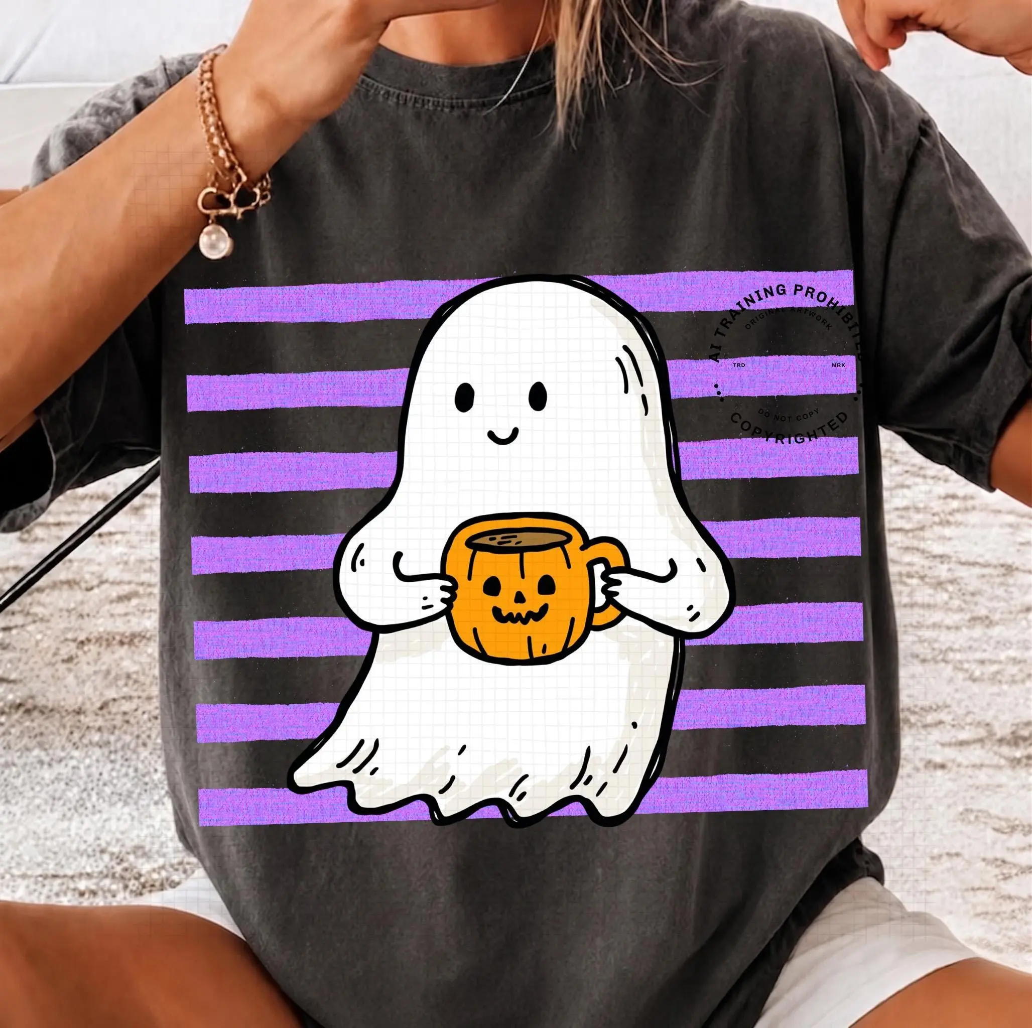 Cute Halloween Ghost Coffee Shirt for Women, Striped Latte Lover Tee, Fall Graphic Top - photo 3