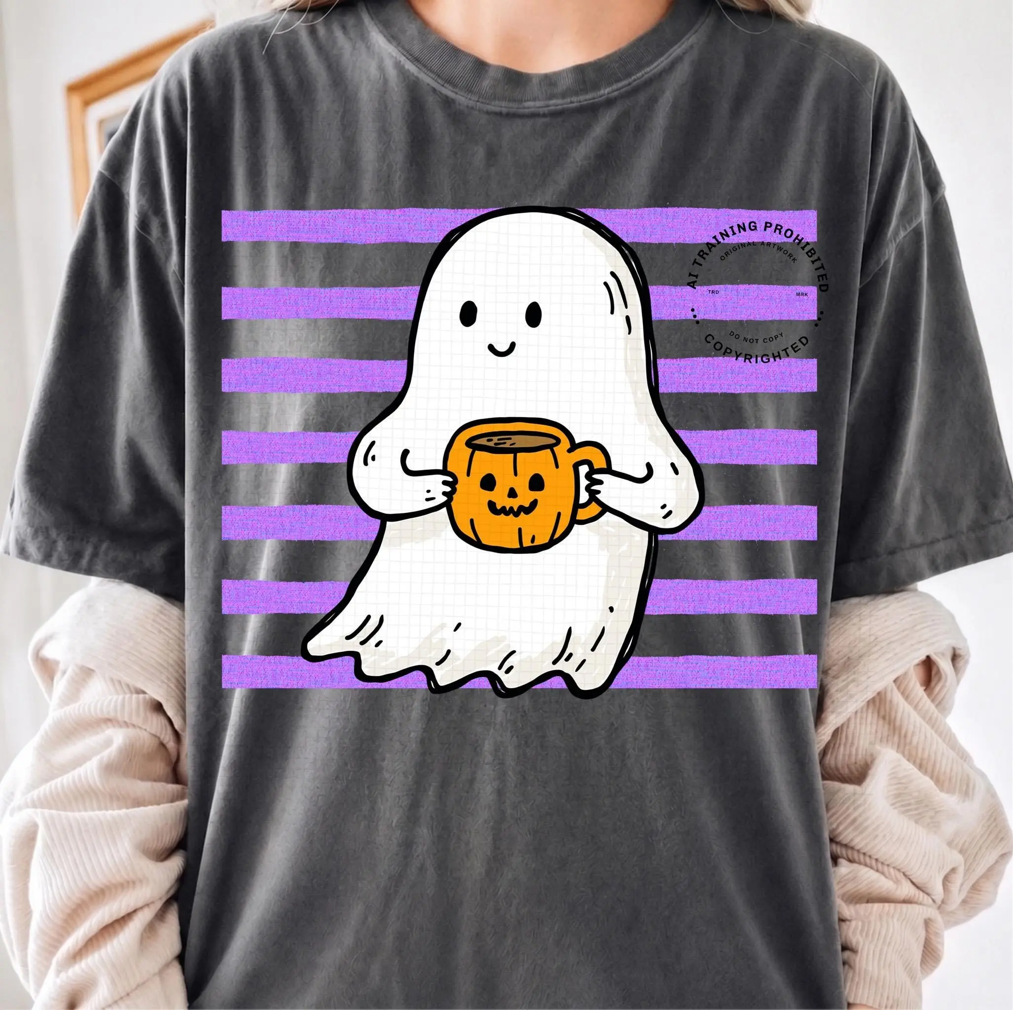 Cute Halloween Ghost Coffee Shirt for Women, Striped Latte Lover Tee, Fall Graphic Top - photo 4