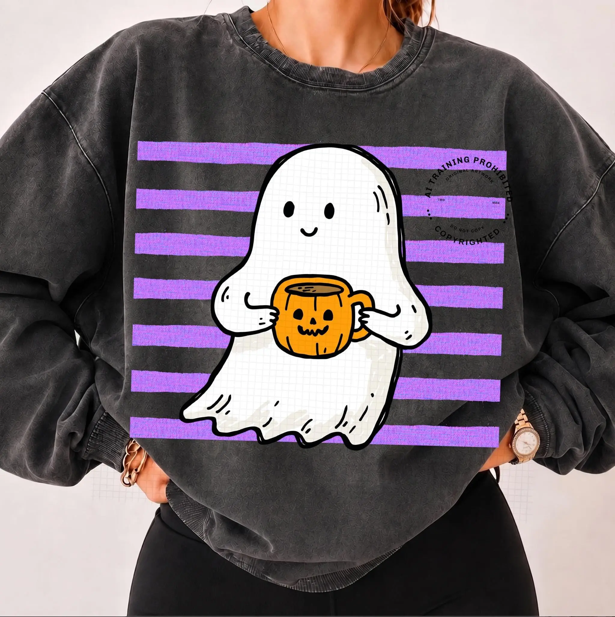 Cute Halloween Ghost Coffee Shirt for Women, Striped Latte Lover Tee, Fall Graphic Top - photo 5