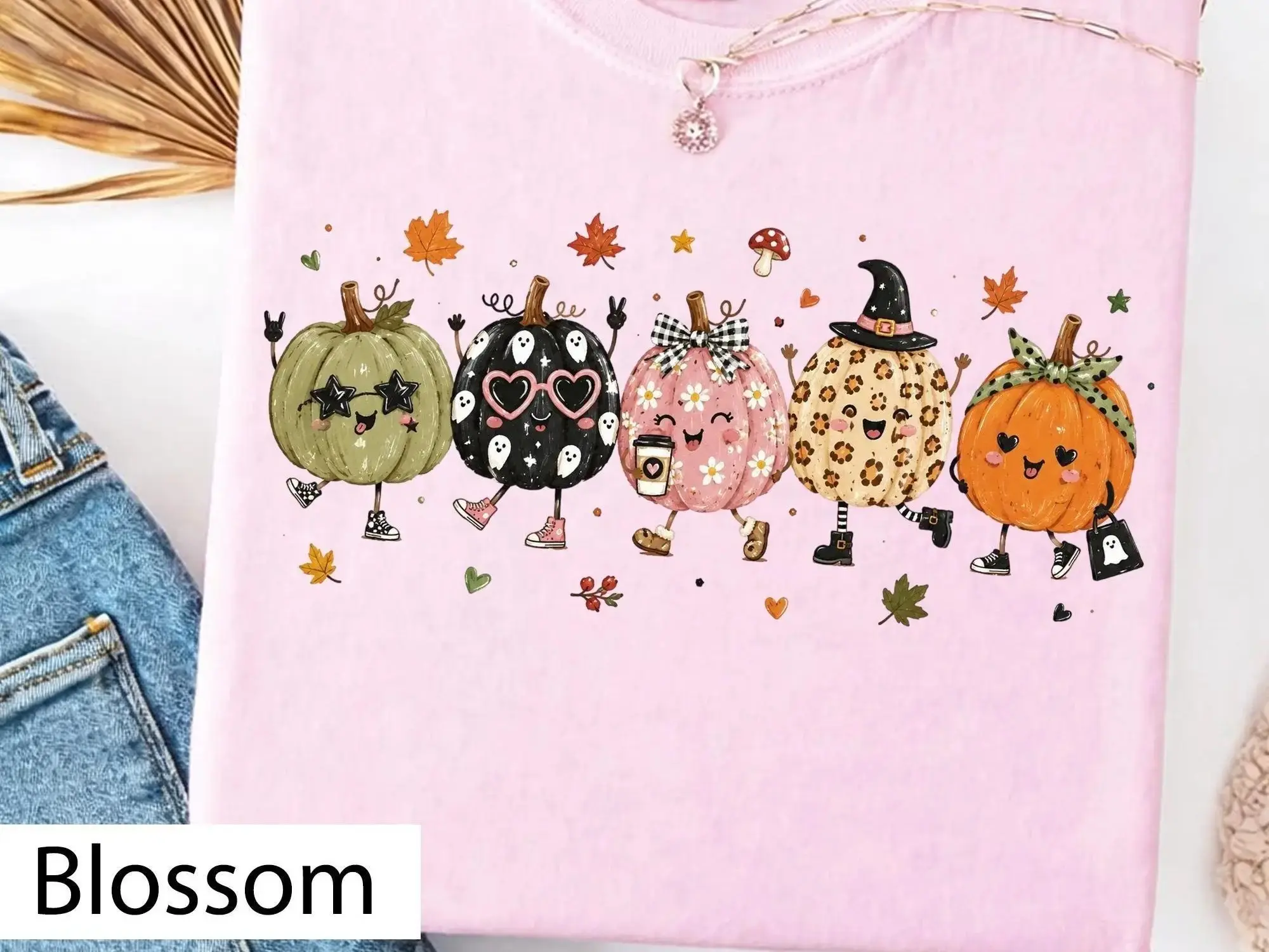 Comfort Colors Cute Halloween Pumpkin Friends Shirt, Kawaii Ghost Spooky Season Fall Tee for Women