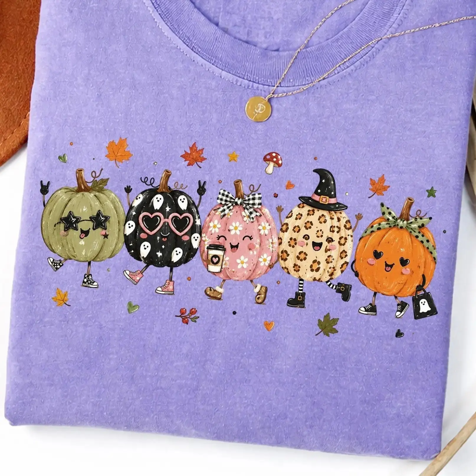 Comfort Colors Cute Halloween Pumpkin Friends Shirt, Kawaii Ghost Spooky Season Fall Tee for Women - photo 2