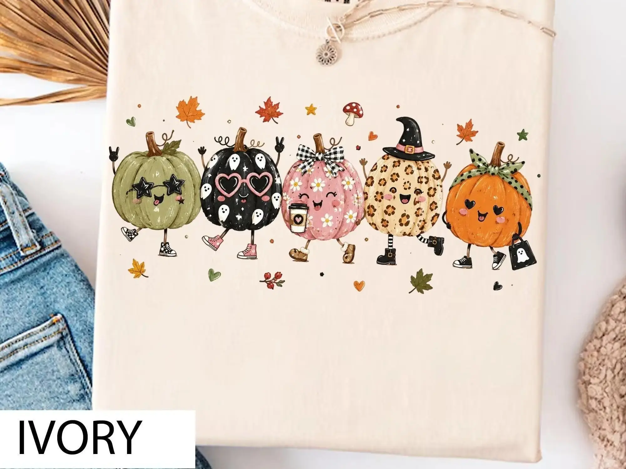 Comfort Colors Cute Halloween Pumpkin Friends Shirt, Kawaii Ghost Spooky Season Fall Tee for Women - photo 3