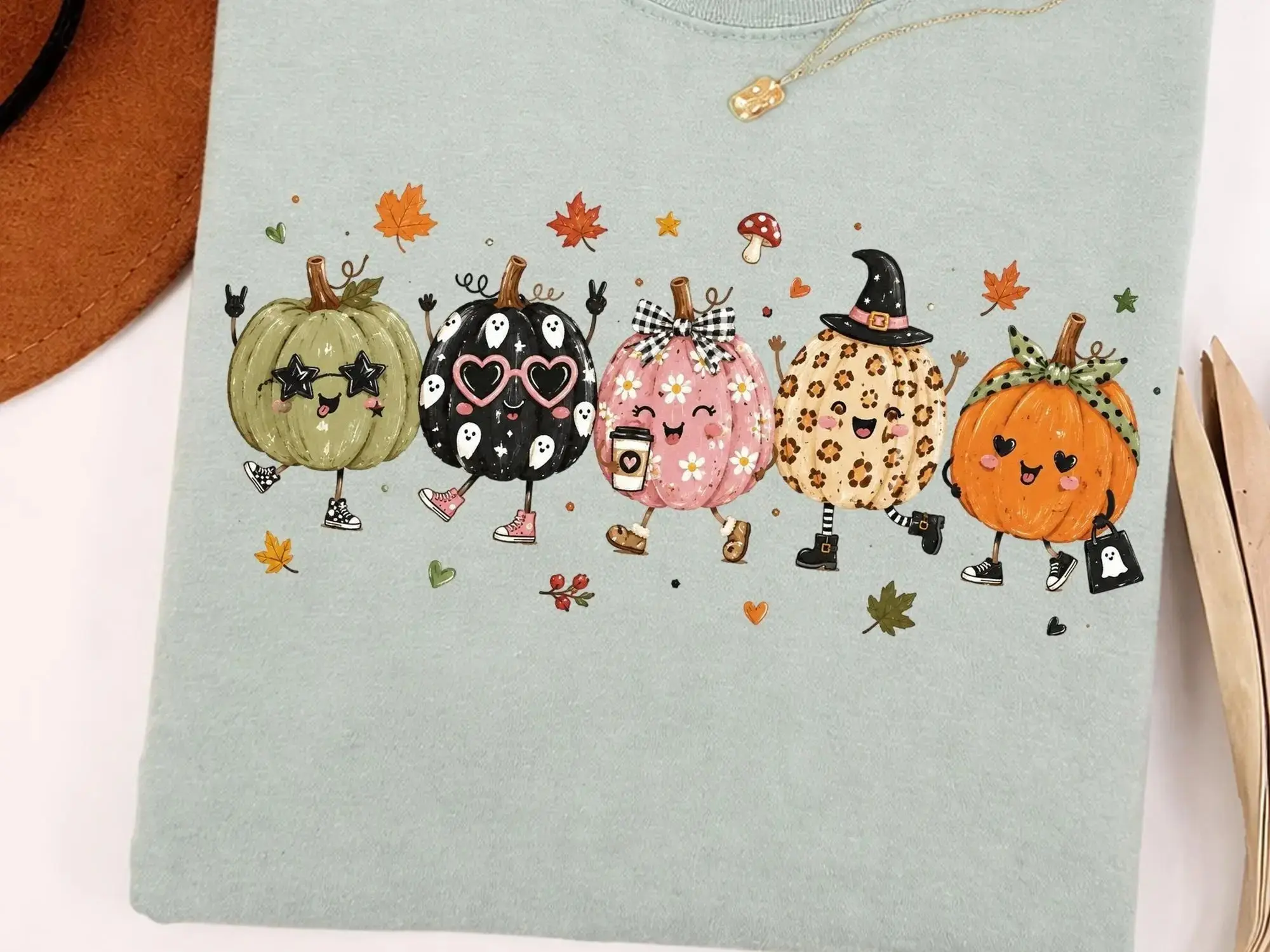 Comfort Colors Cute Halloween Pumpkin Friends Shirt, Kawaii Ghost Spooky Season Fall Tee for Women - photo 4