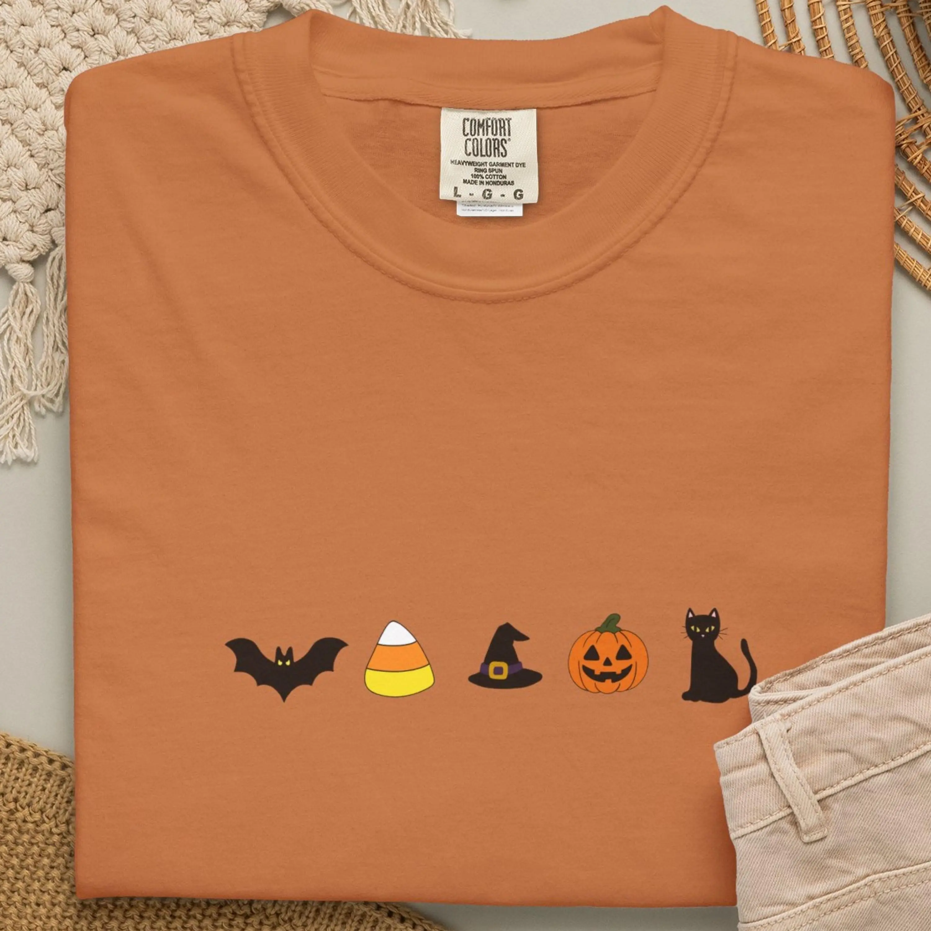Comfort Colors Cute Halloween T-Shirt, Spooky Bat Pumpkin Black Cat Tee, Candy Corn Witch Hat Fall Graphic Top