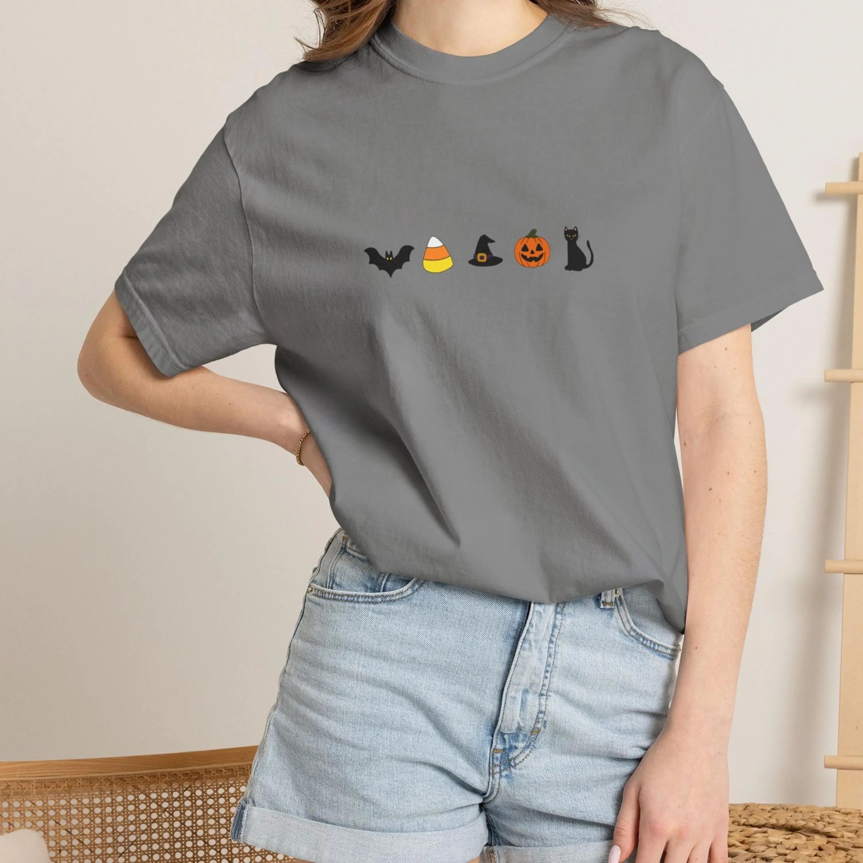 Comfort Colors Cute Halloween T-Shirt, Spooky Bat Pumpkin Black Cat Tee, Candy Corn Witch Hat Fall Graphic Top - photo 2