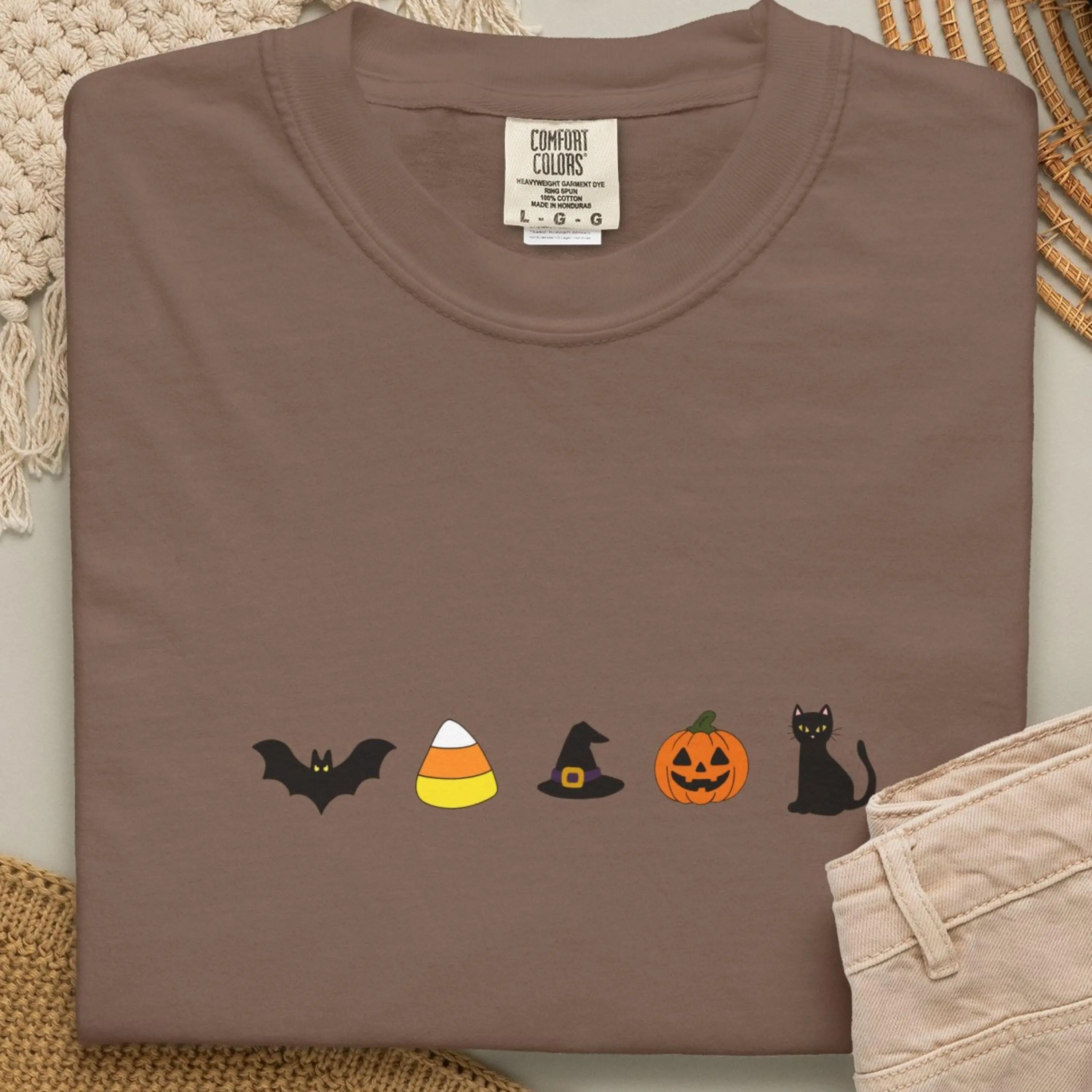 Comfort Colors Cute Halloween T-Shirt, Spooky Bat Pumpkin Black Cat Tee, Candy Corn Witch Hat Fall Graphic Top - photo 3