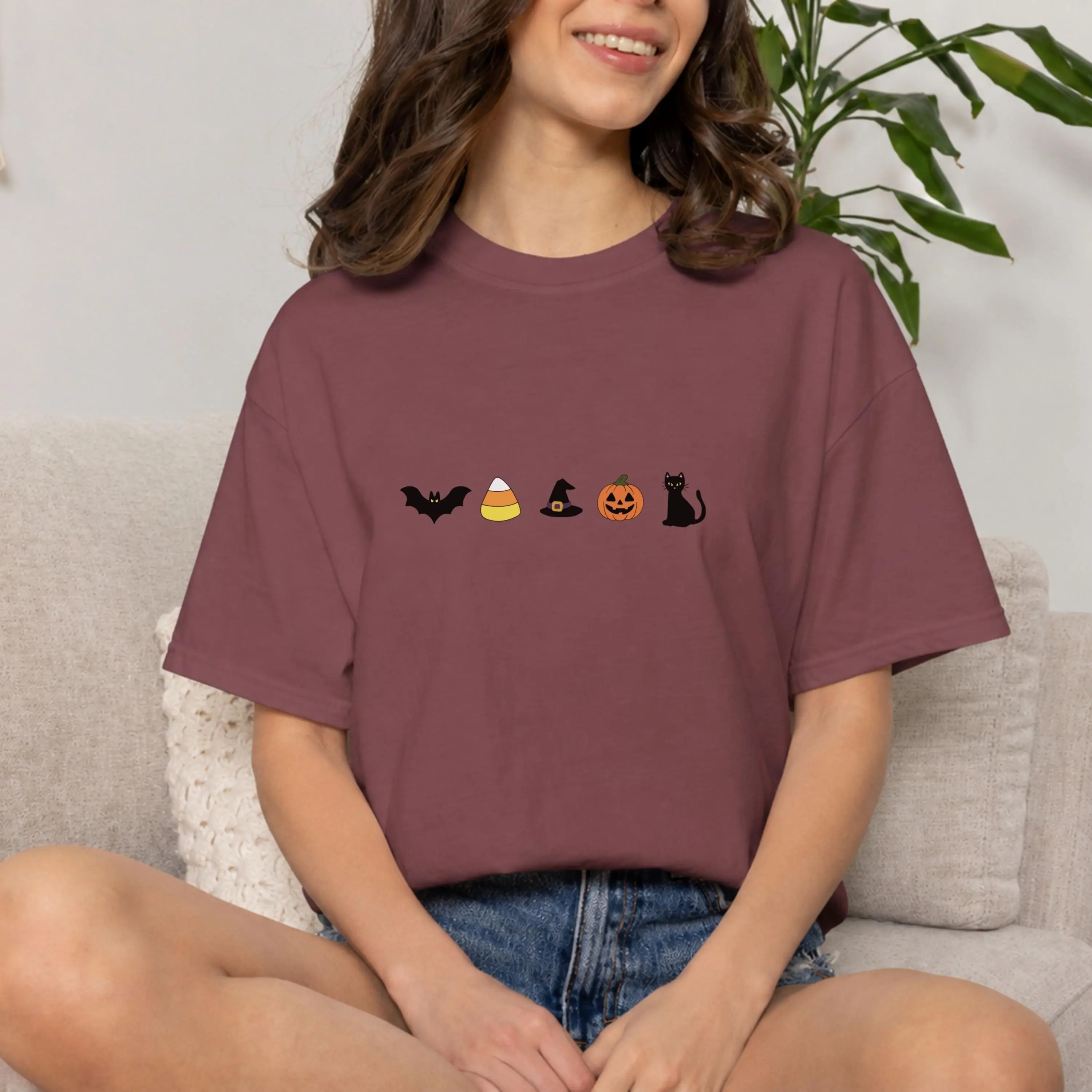 Comfort Colors Cute Halloween T-Shirt, Spooky Bat Pumpkin Black Cat Tee, Candy Corn Witch Hat Fall Graphic Top - photo 4
