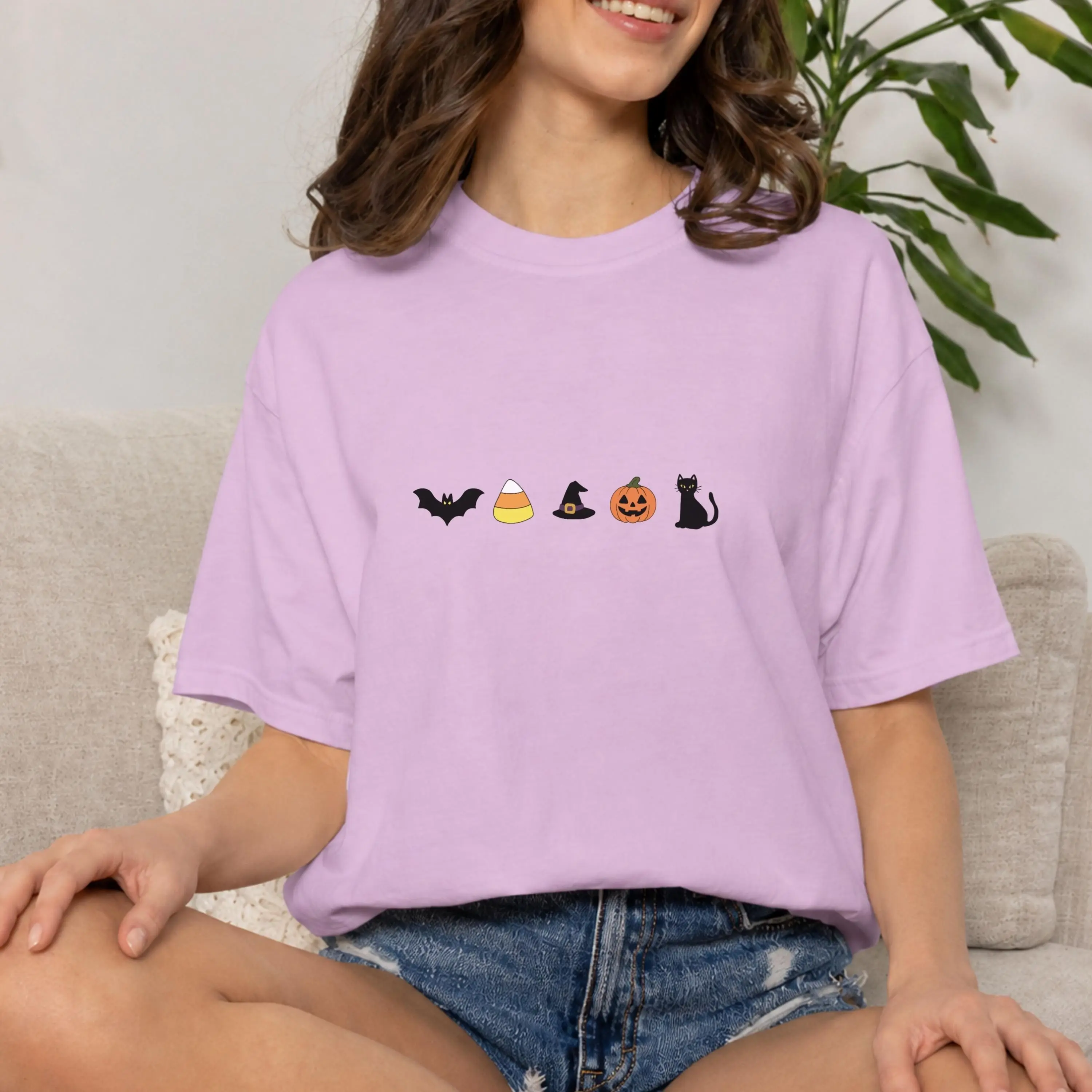 Comfort Colors Cute Halloween T-Shirt, Spooky Bat Pumpkin Black Cat Tee, Candy Corn Witch Hat Fall Graphic Top - photo 5