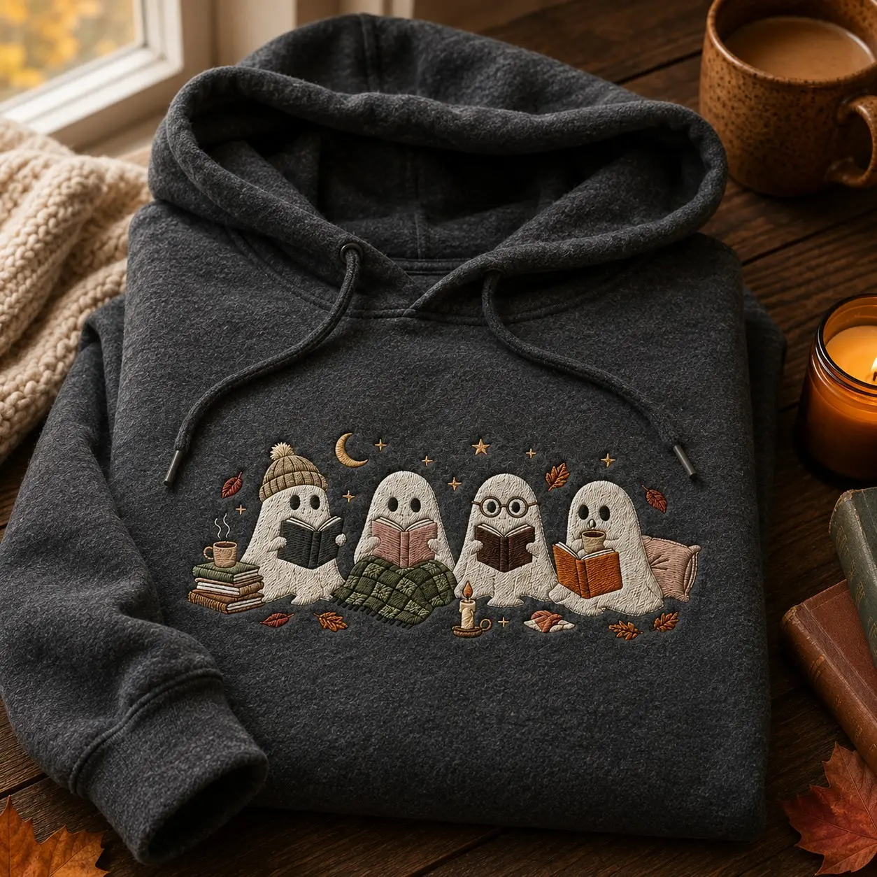 Cute Reading Ghost Women Embroidery Hoodie for Autumn, Vintage Bookish Halloween Pullover Bookworm Gift