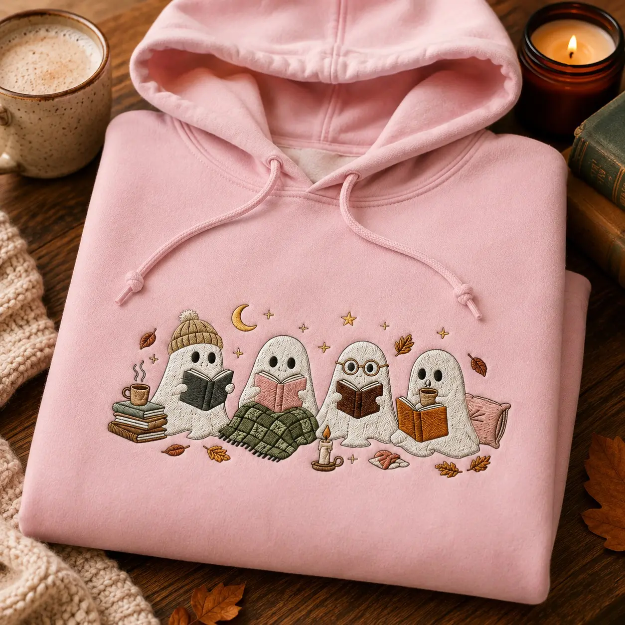 Cute Reading Ghost Women Embroidery Hoodie for Autumn, Vintage Bookish Halloween Pullover Bookworm Gift - photo 2