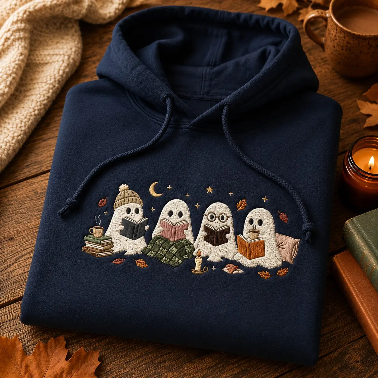 Cute Reading Ghost Women Embroidery Hoodie for Autumn, Vintage Bookish Halloween Pullover Bookworm Gift - photo 3