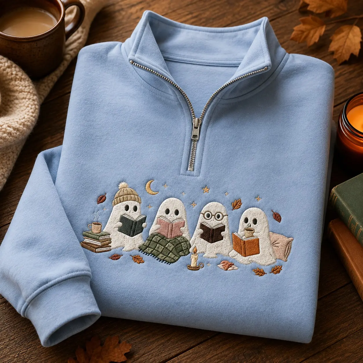 Cute Reading Ghost Women Embroidery Quarter-Zip Sweatshirt for Autumn, Vintage Bookish Halloween Pullover Bookworm Gift - photo 1