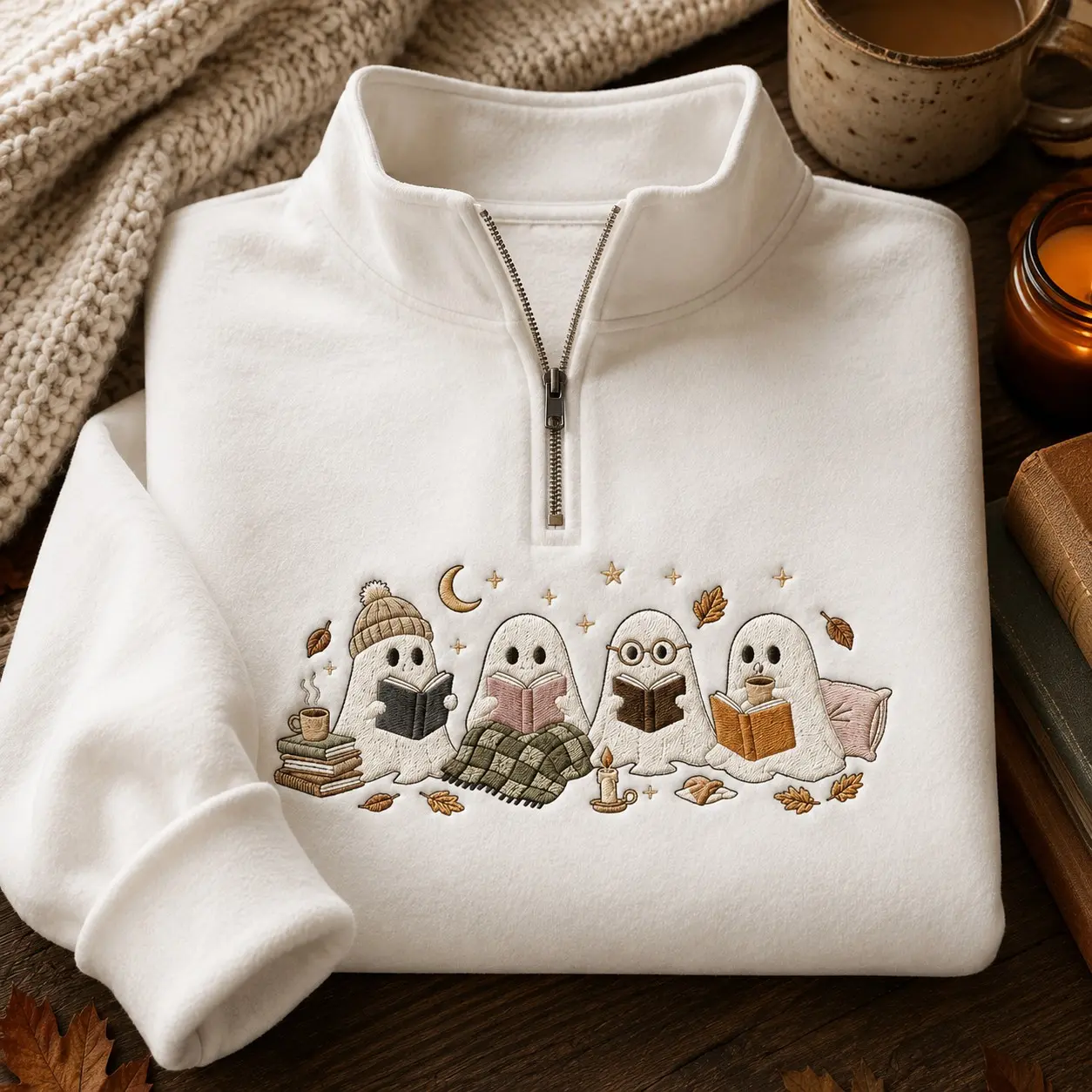 Cute Reading Ghost Women Embroidery Quarter-Zip Sweatshirt for Autumn, Vintage Bookish Halloween Pullover Bookworm Gift - photo 2