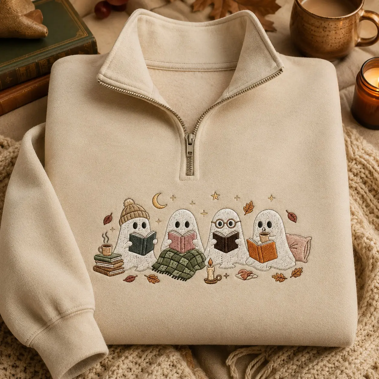 Cute Reading Ghost Women Embroidery Quarter-Zip Sweatshirt for Autumn, Vintage Bookish Halloween Pullover Bookworm Gift - photo 3