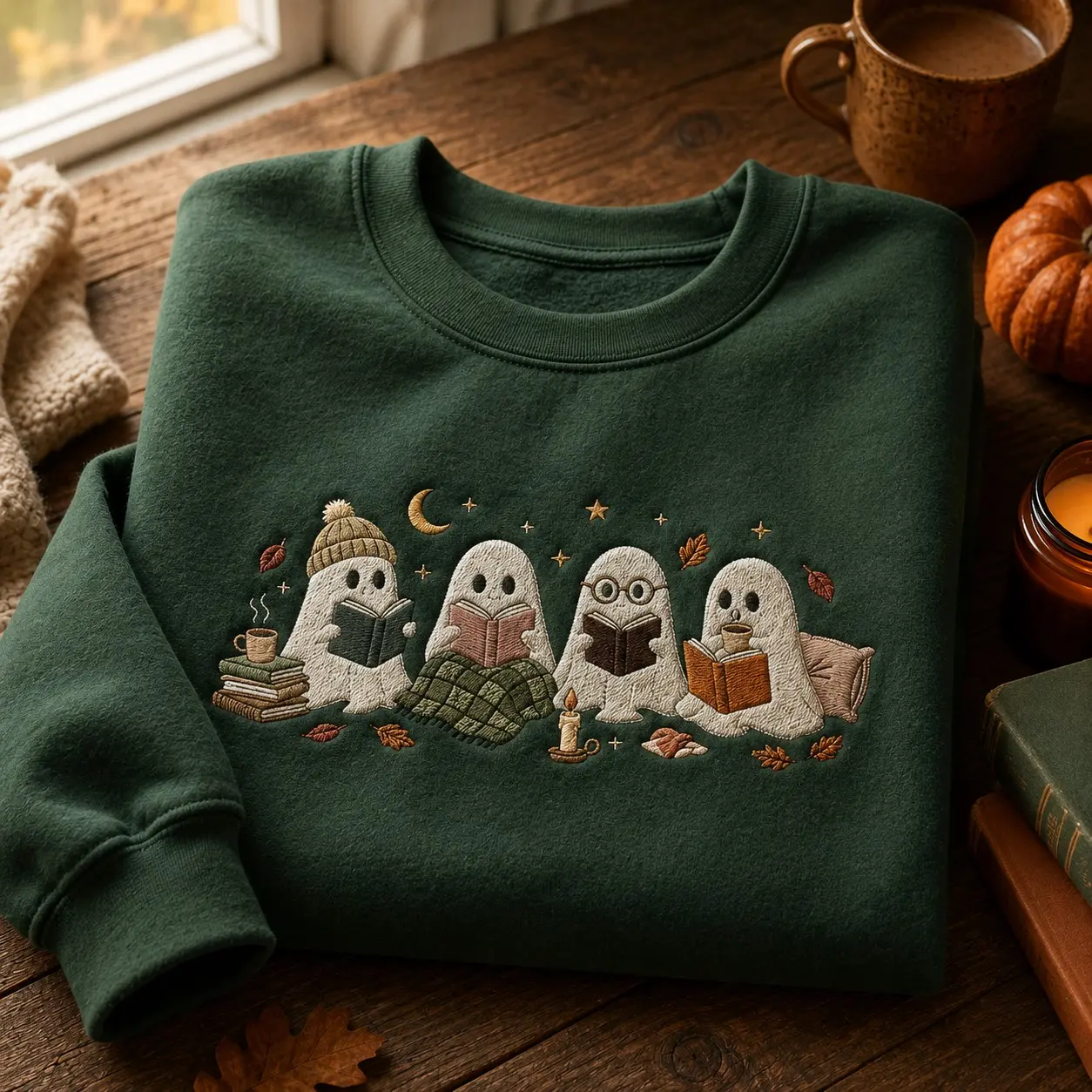 Cute Reading Ghost Women Embroidery Sweatshirt for Autumn, Vintage Bookish Halloween Pullover Bookworm Gift