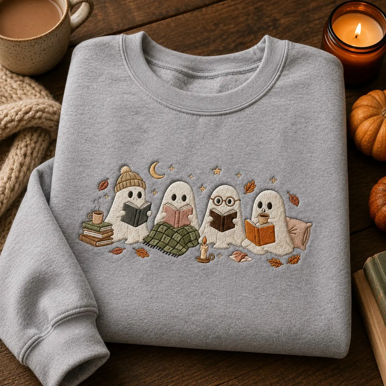Cute Reading Ghost Women Embroidery Sweatshirt for Autumn, Vintage Bookish Halloween Pullover Bookworm Gift - photo 2