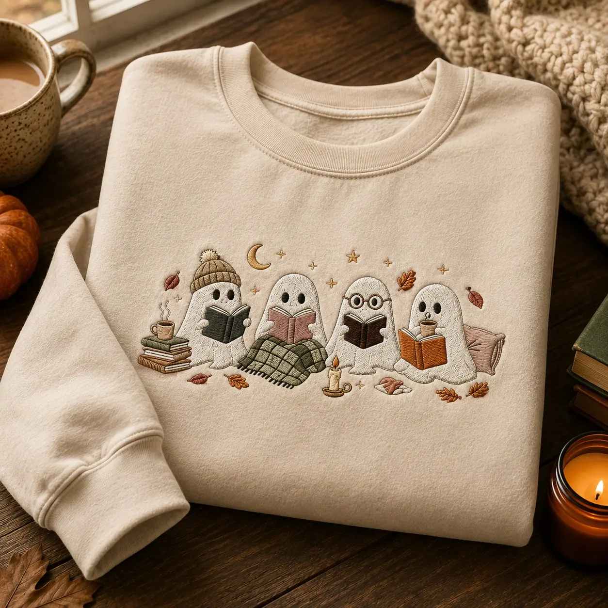 Cute Reading Ghost Women Embroidery Sweatshirt for Autumn, Vintage Bookish Halloween Pullover Bookworm Gift - photo 3